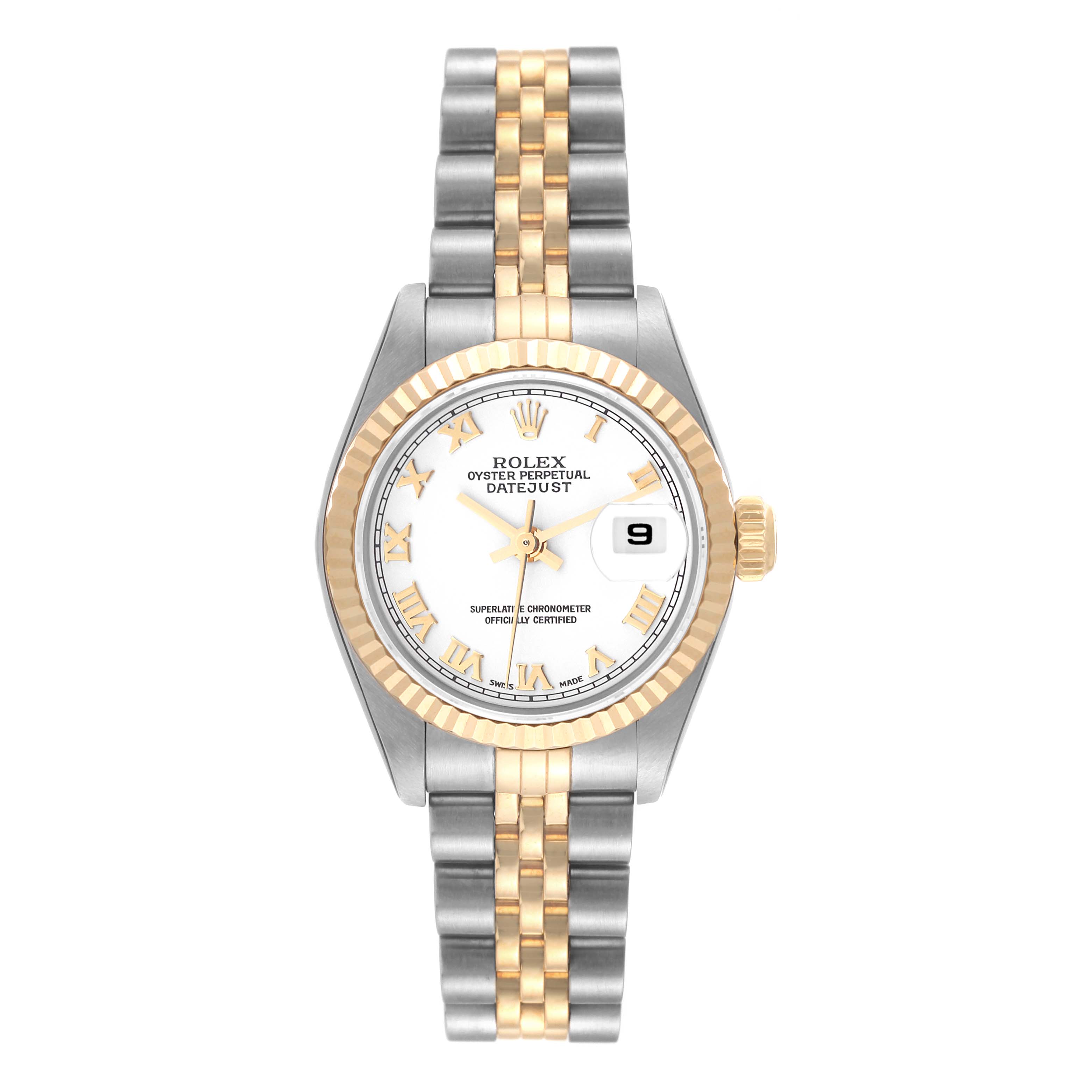 The Rolex Datejust 79173 Women's Steel and Gold (two tone) White Dial 79173 Women's Steel and Gold (two tone) White Dial watch is shown from a top-down angle, featuring its dial, bezel, and two-tone bracelet.