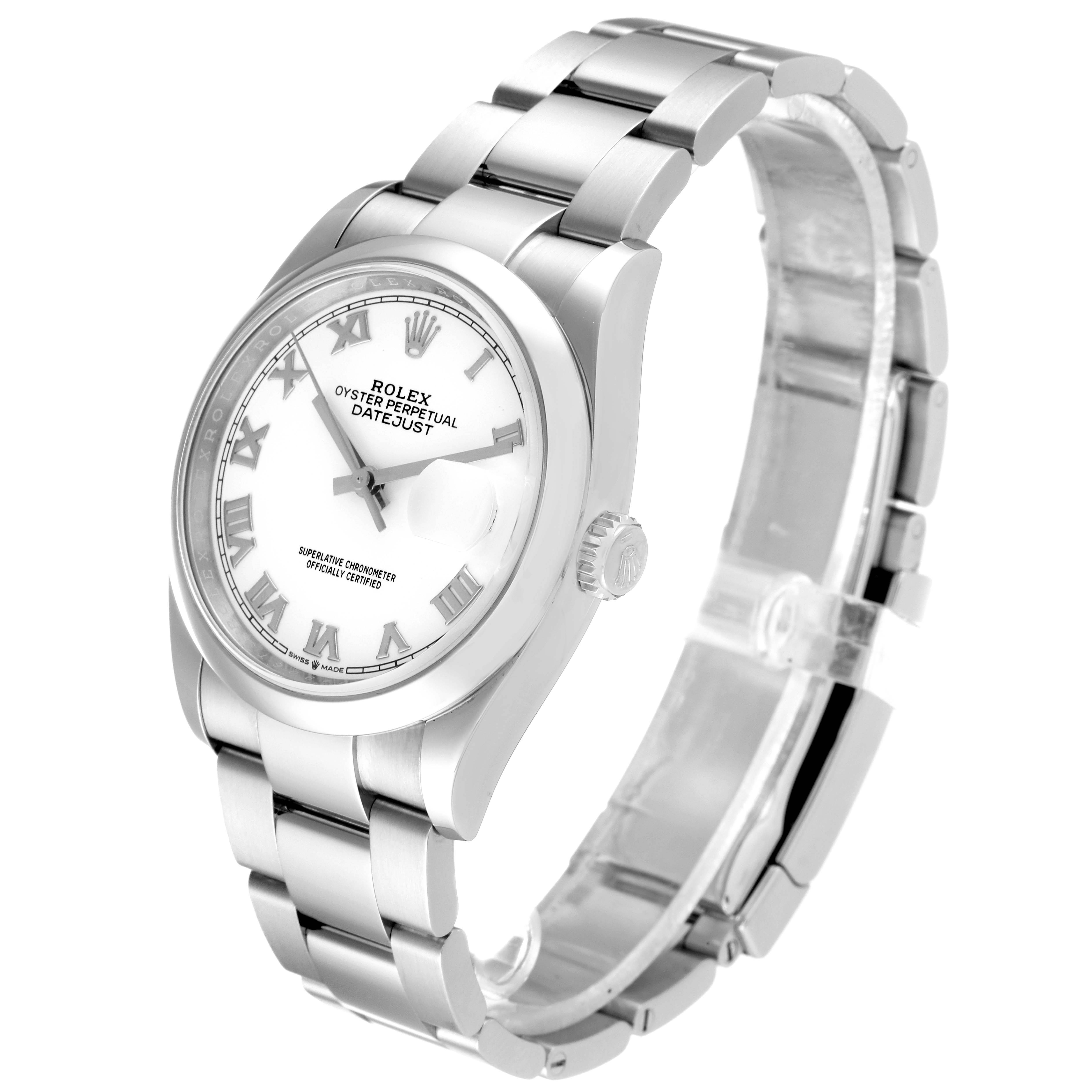 This image shows a Rolex Datejust 126200 Men's Stainless Steel White Dial 126200 Men's Stainless Steel White Dial watch angled from the front-right, highlighting its face, bracelet, and crown.