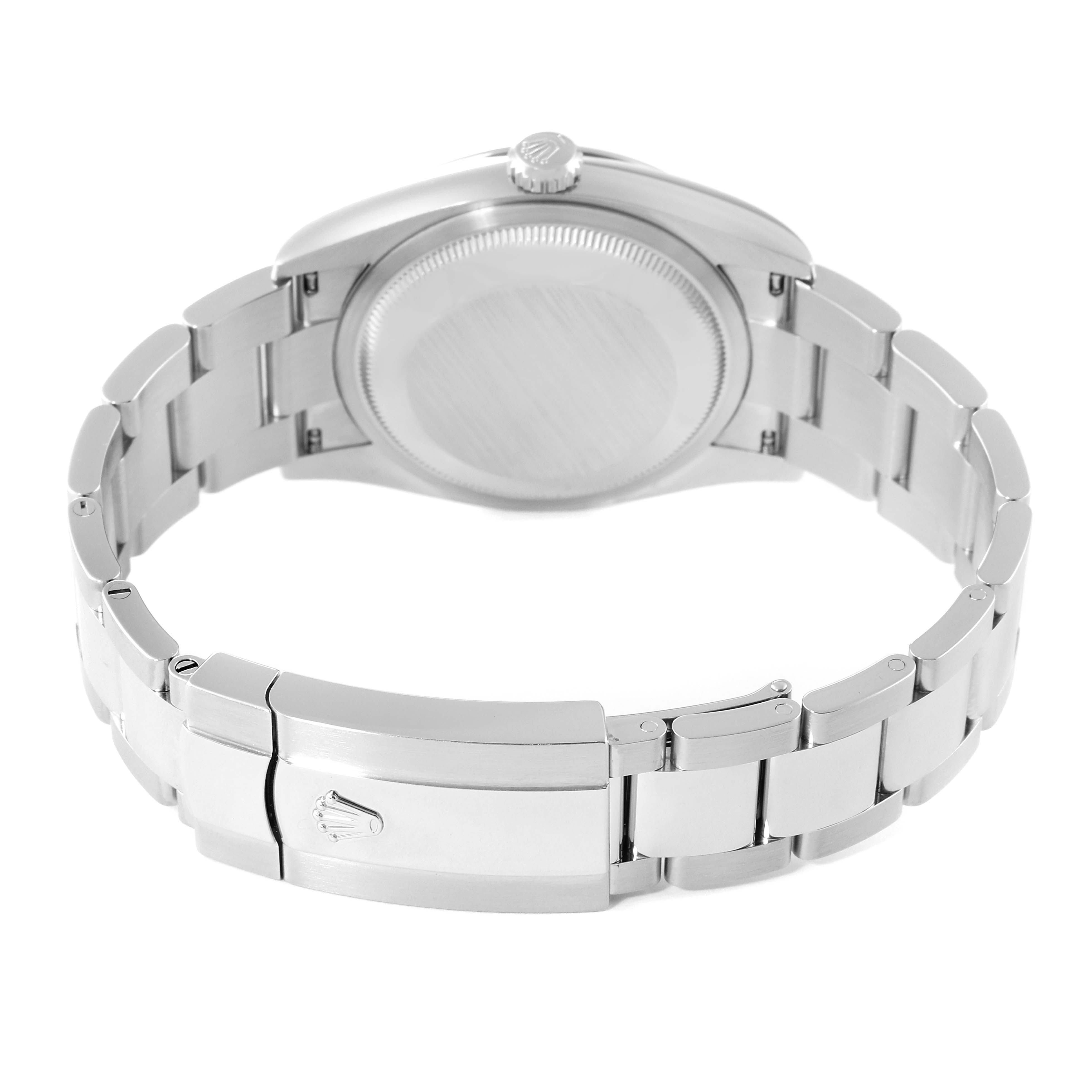 This image shows the back view of a Rolex Datejust 126200 Men's Stainless Steel White Dial 126200 Men's Stainless Steel White Dial watch with its bracelet and clasp.