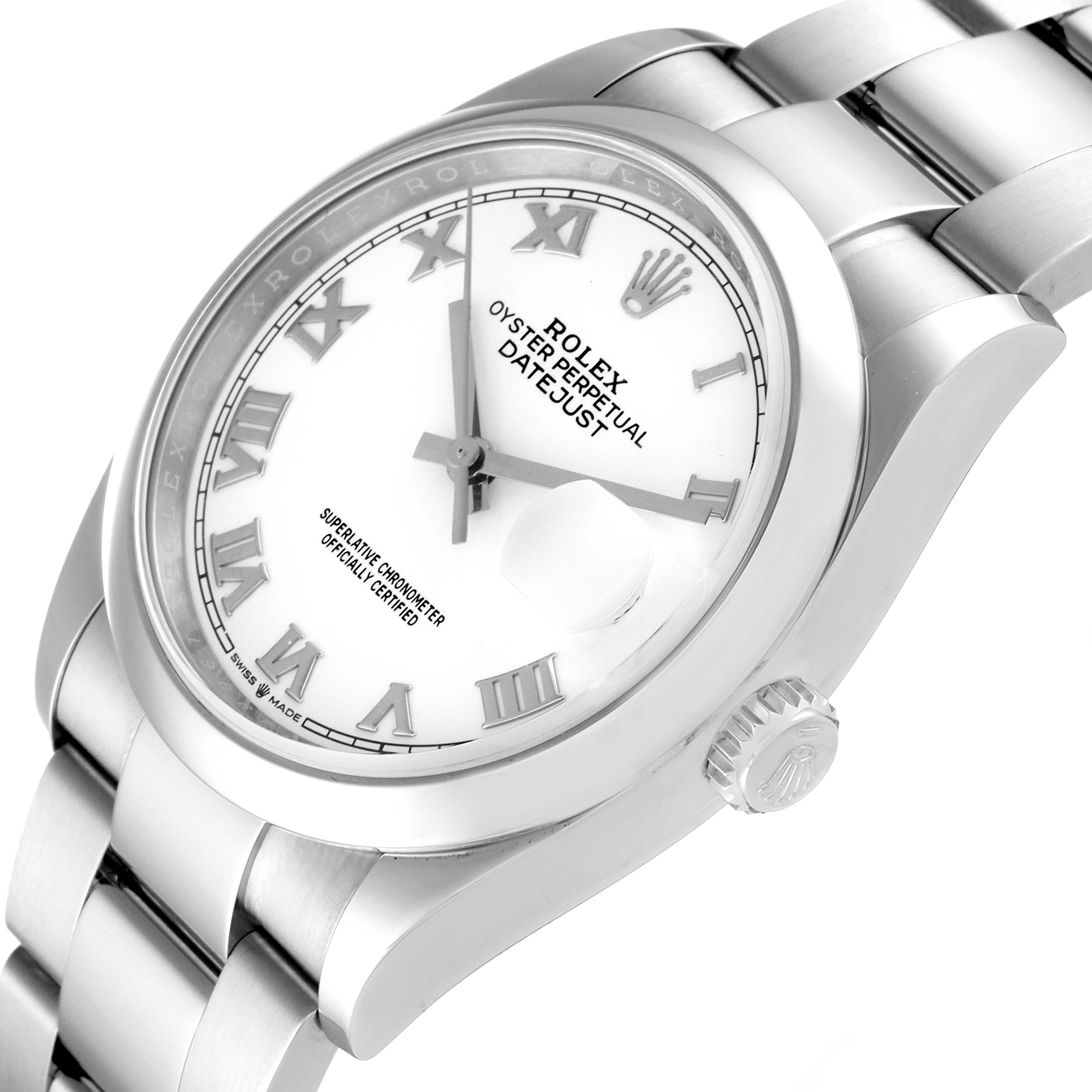 The image shows a close-up of the Rolex Datejust 126200 Men's Stainless Steel White Dial 126200 Men's Stainless Steel White Dial watch displaying its dial, crown, and part of the bracelet at an angled view.
