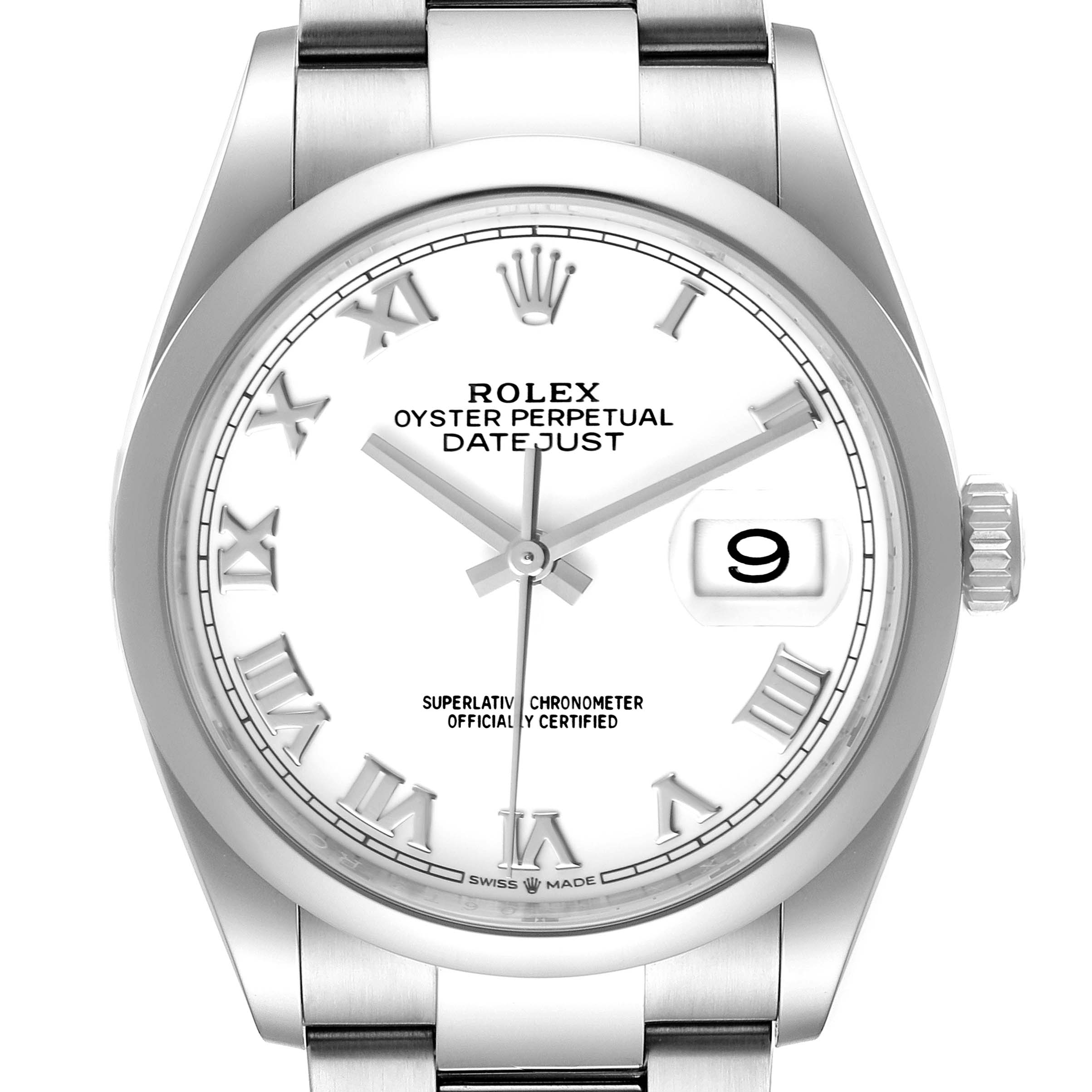 This is a frontal view of the Rolex Datejust 126200 Men's Stainless Steel White Dial 126200 Men's Stainless Steel White Dial watch, showing the dial, hands, bracelet, and date window.