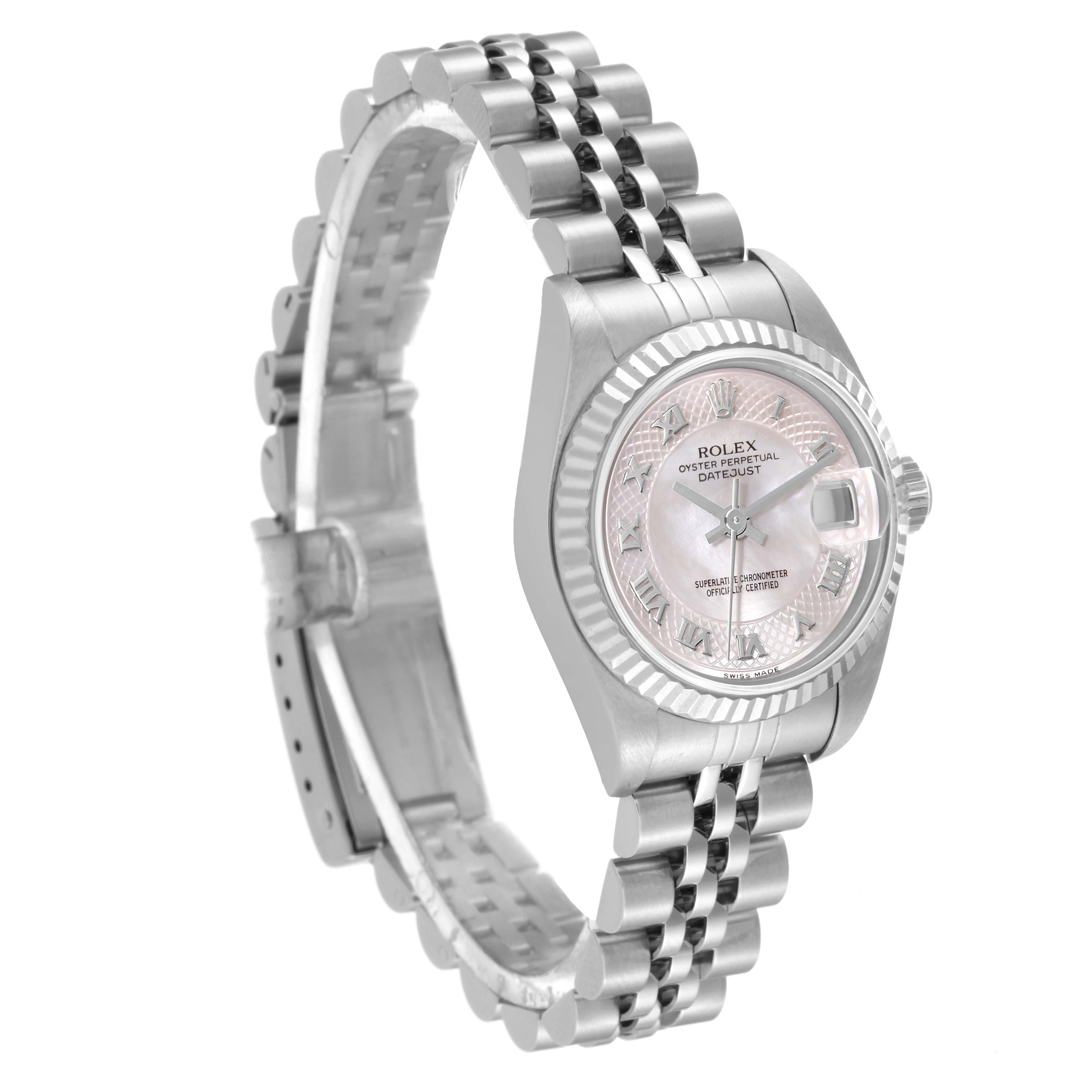 This image shows a Rolex Datejust 79174 Women's Stainless Steel Mother of Pearl Dial 79174 Women's Stainless Steel Mother of Pearl Dial watch from a three-quarter angle, highlighting the face, bezel, and a significant portion of the bracelet.