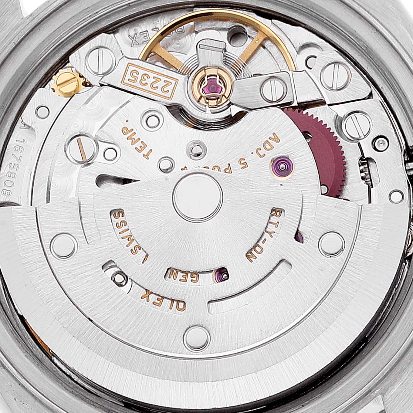 This image shows the internal mechanism, specifically the movement, of the Rolex Datejust 79174 Women's Stainless Steel Mother of Pearl Dial 79174 Women's Stainless Steel Mother of Pearl Dial model from a top-down angle.