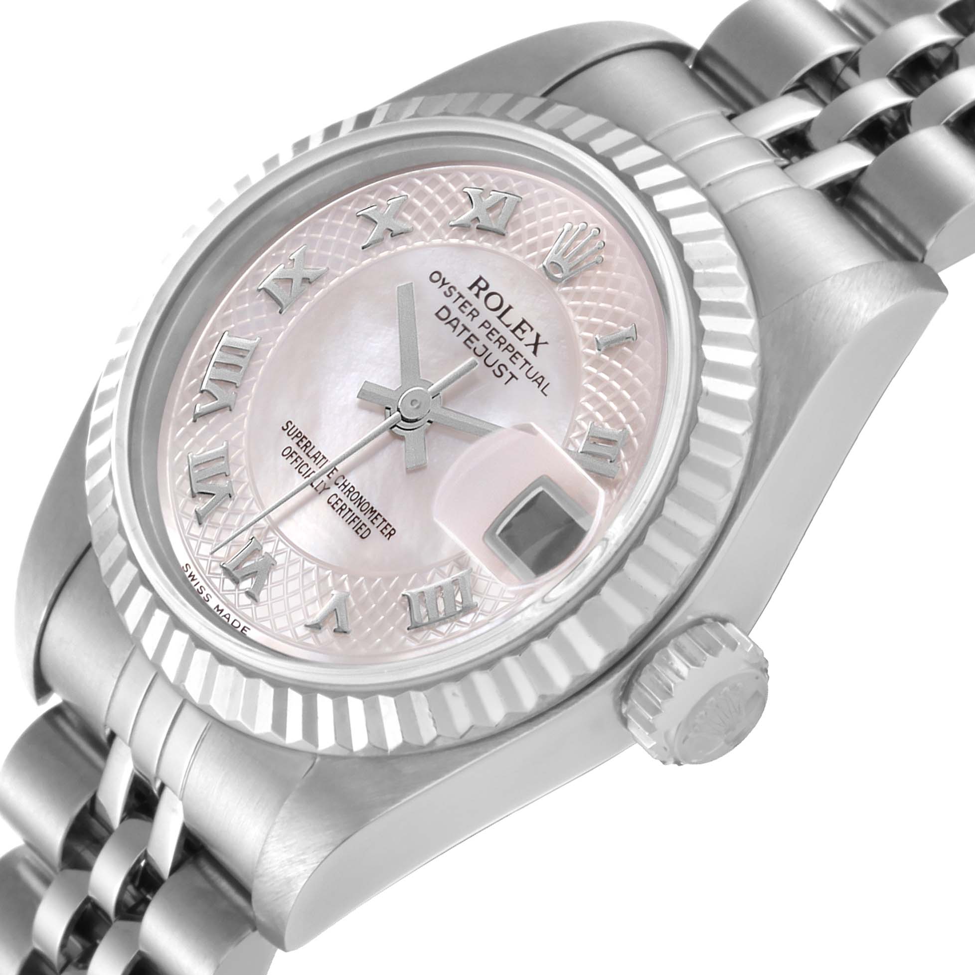 The image shows a close-up, angled view of the dial, bezel, crown, and part of the bracelet of a Rolex Datejust 79174 Women's Stainless Steel Mother of Pearl Dial 79174 Women's Stainless Steel Mother of Pearl Dial watch.