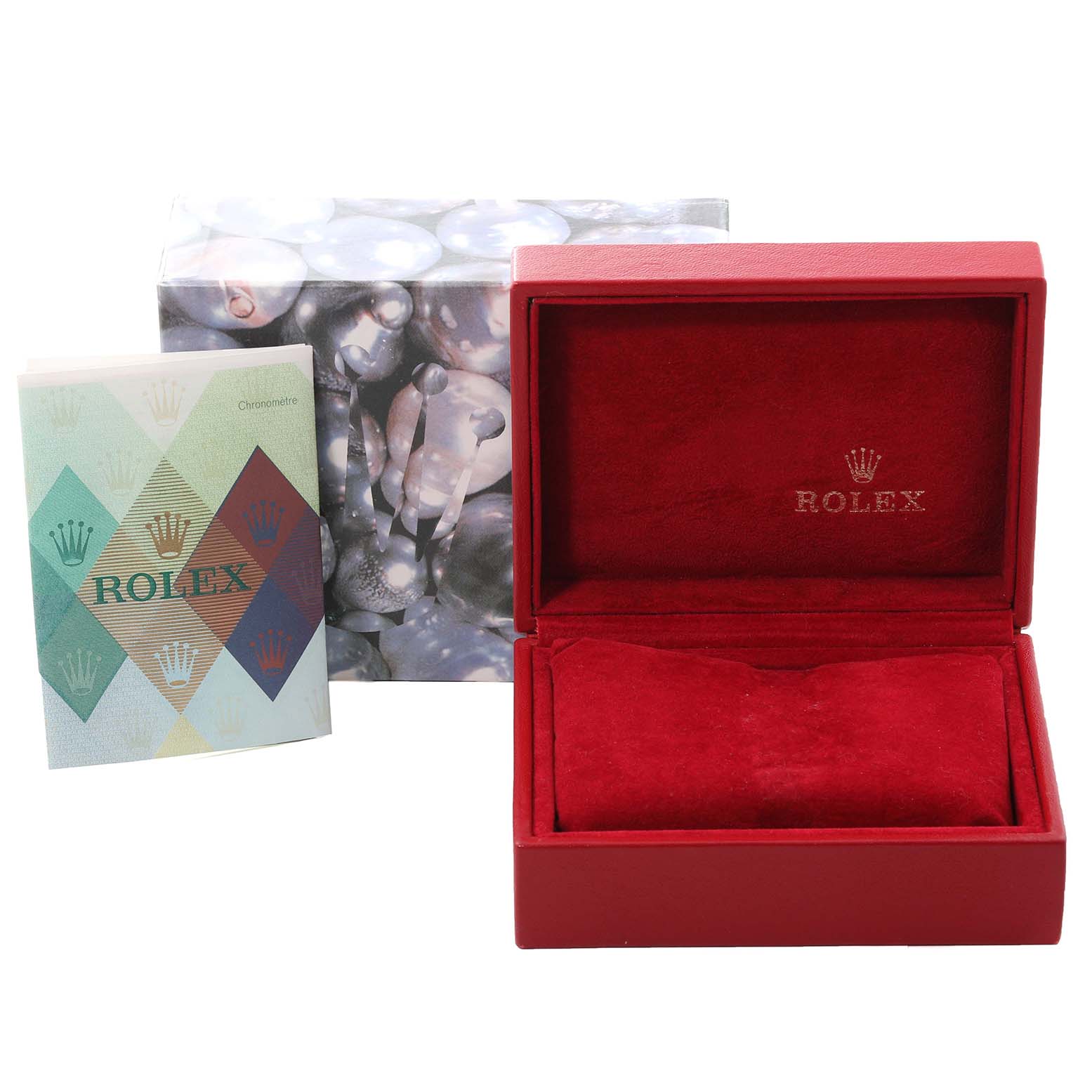 The image shows a Rolex Datejust 79174 Women's Stainless Steel Mother of Pearl Dial 79174 Women's Stainless Steel Mother of Pearl Dial watch box, its outer casing, and the accompanying booklet.