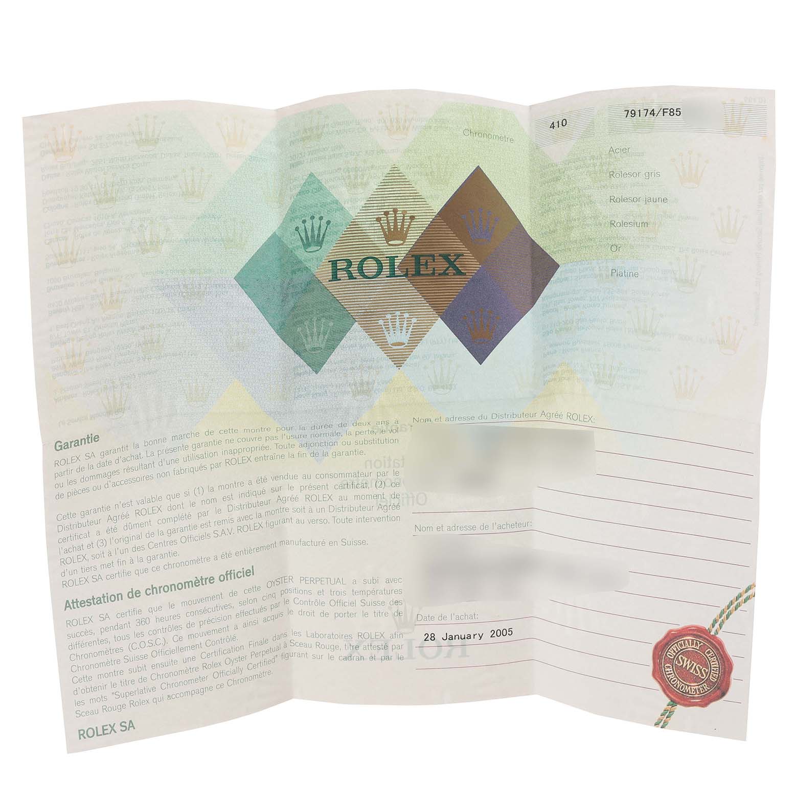 This image shows a warranty certificate for the Rolex Datejust 79174 Women's Stainless Steel Mother of Pearl Dial 79174 Women's Stainless Steel Mother of Pearl Dial watch model.