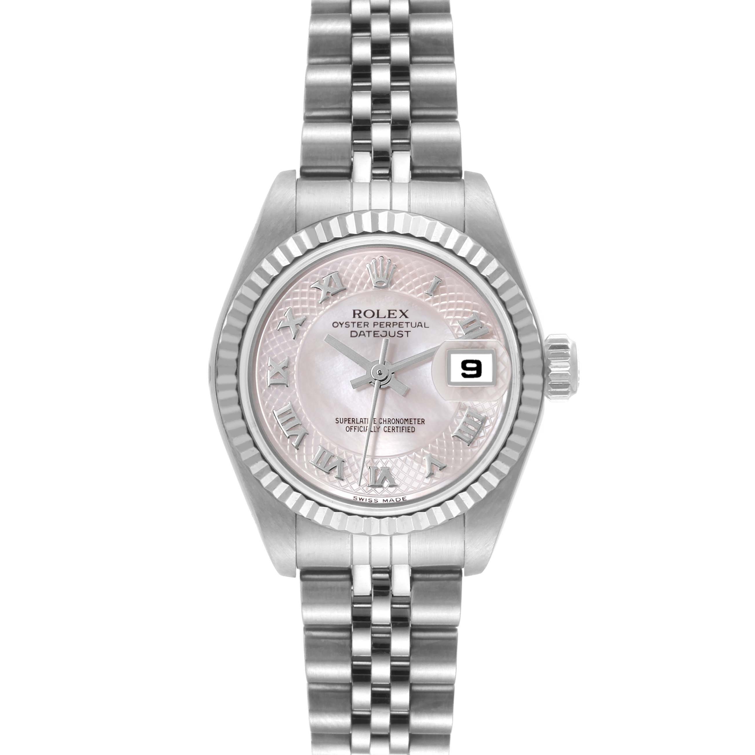 The image shows a frontal view of the Rolex Datejust 79174 Women's Stainless Steel Mother of Pearl Dial 79174 Women's Stainless Steel Mother of Pearl Dial watch, displaying the dial, bezel, and bracelet.