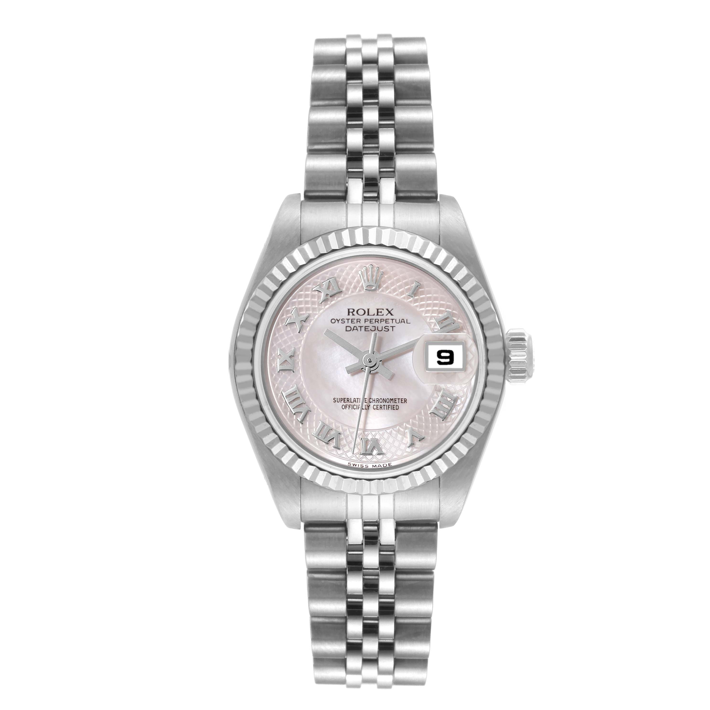 This Rolex Datejust 79174 Women's Stainless Steel Mother of Pearl Dial 79174 Women's Stainless Steel Mother of Pearl Dial watch is shown from a front angle, displaying its dial, bezel, crown, and bracelet.