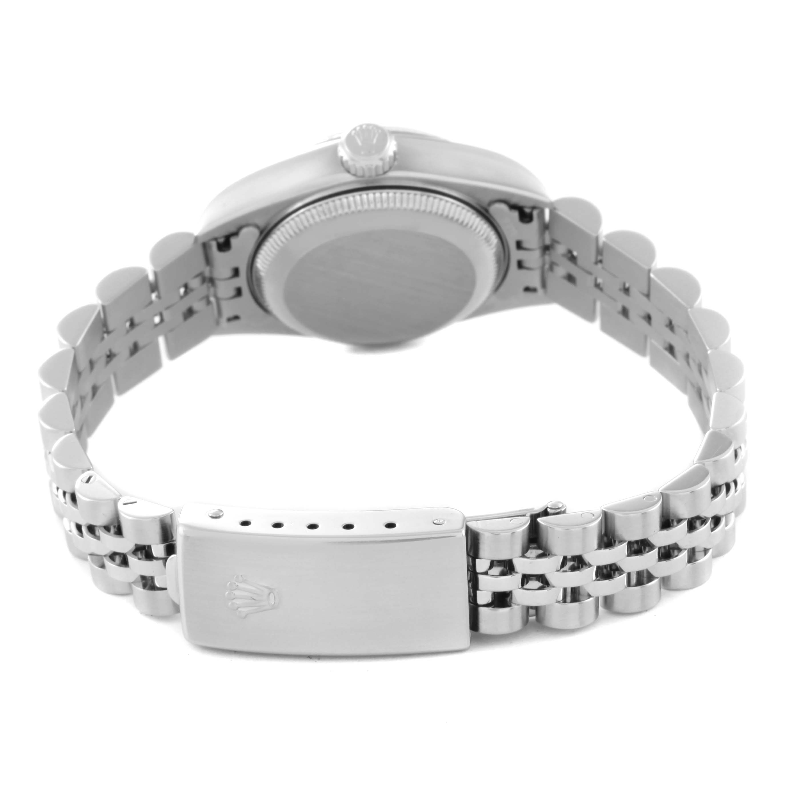 This is a rear view of a Rolex Datejust 79174 Women's Stainless Steel Mother of Pearl Dial 79174 Women's Stainless Steel Mother of Pearl Dial watch, showing the case back, crown, and the oyster bracelet with a clasp.