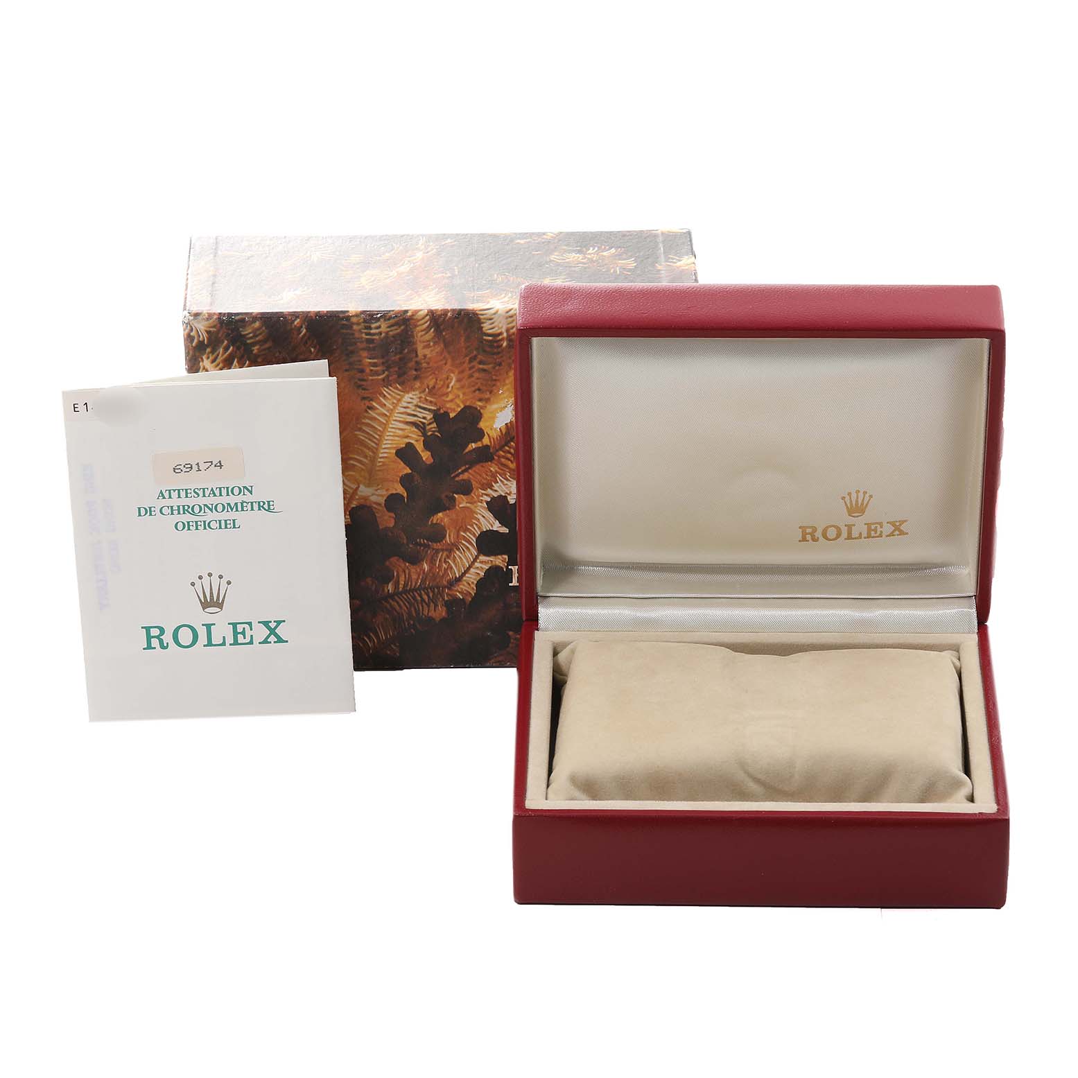 The image shows the Rolex Datejust 69174 Women's Stainless Steel Silver Dial 69174 Women's Stainless Steel Silver Dial watch's box, cushion, outer packaging, and official chronometer certification.