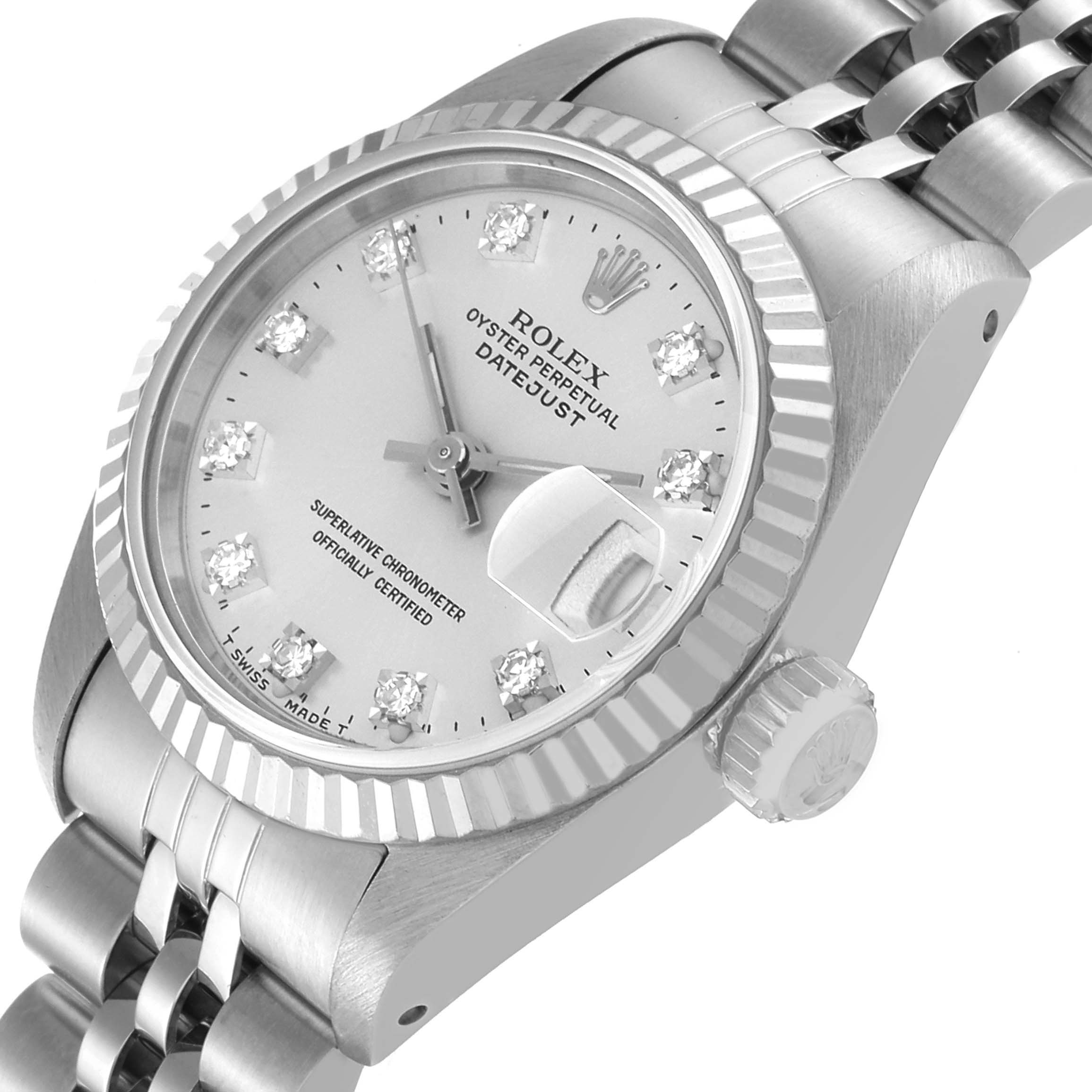 The image shows a side angle of the Rolex Datejust 69174 Women's Stainless Steel Silver Dial 69174 Women's Stainless Steel Silver Dial watch, highlighting the face, bezel, crown, and part of the bracelet.
