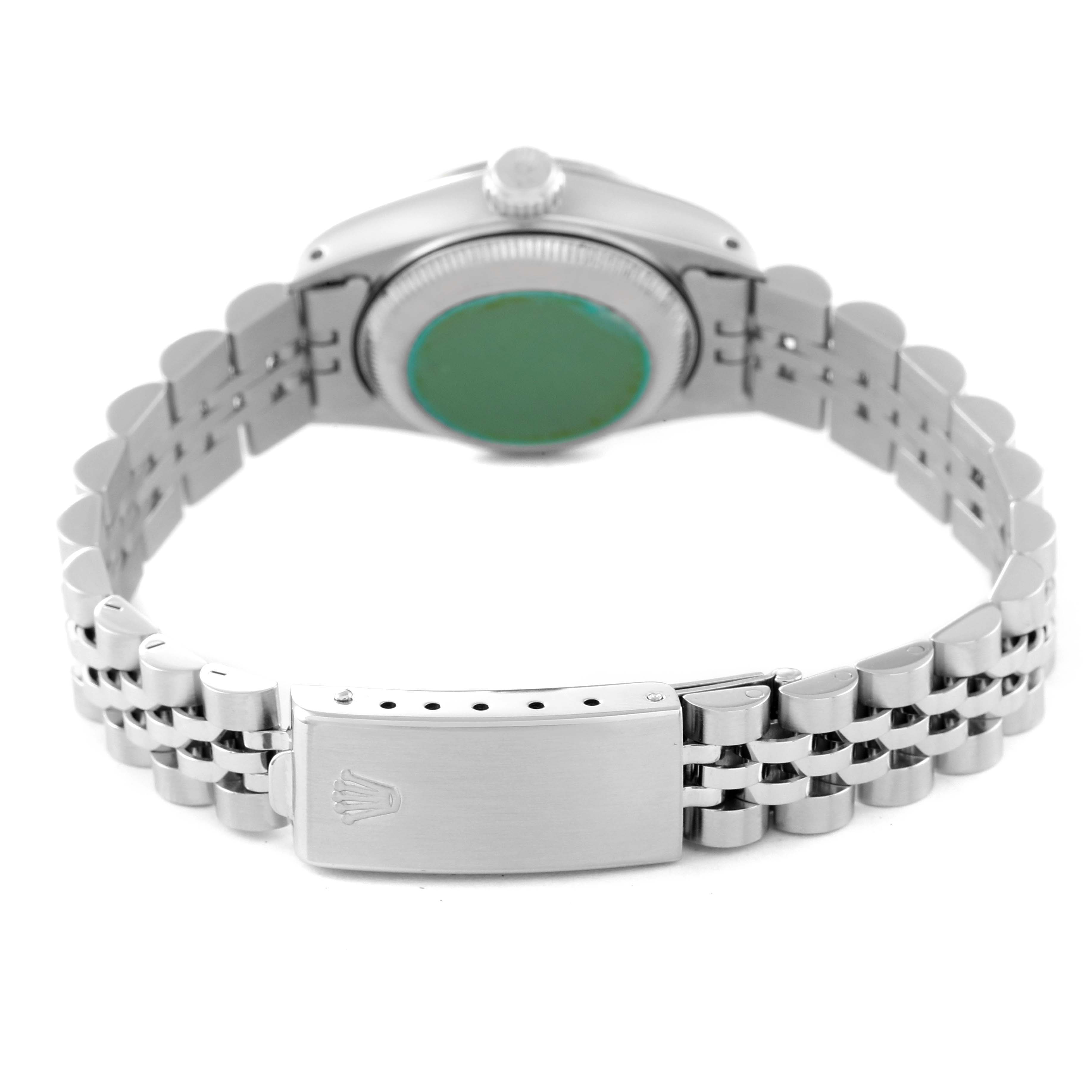 This image shows the back view of a Rolex Datejust 69174 Women's Stainless Steel Silver Dial 69174 Women's Stainless Steel Silver Dial watch, focusing on the bracelet and clasp.