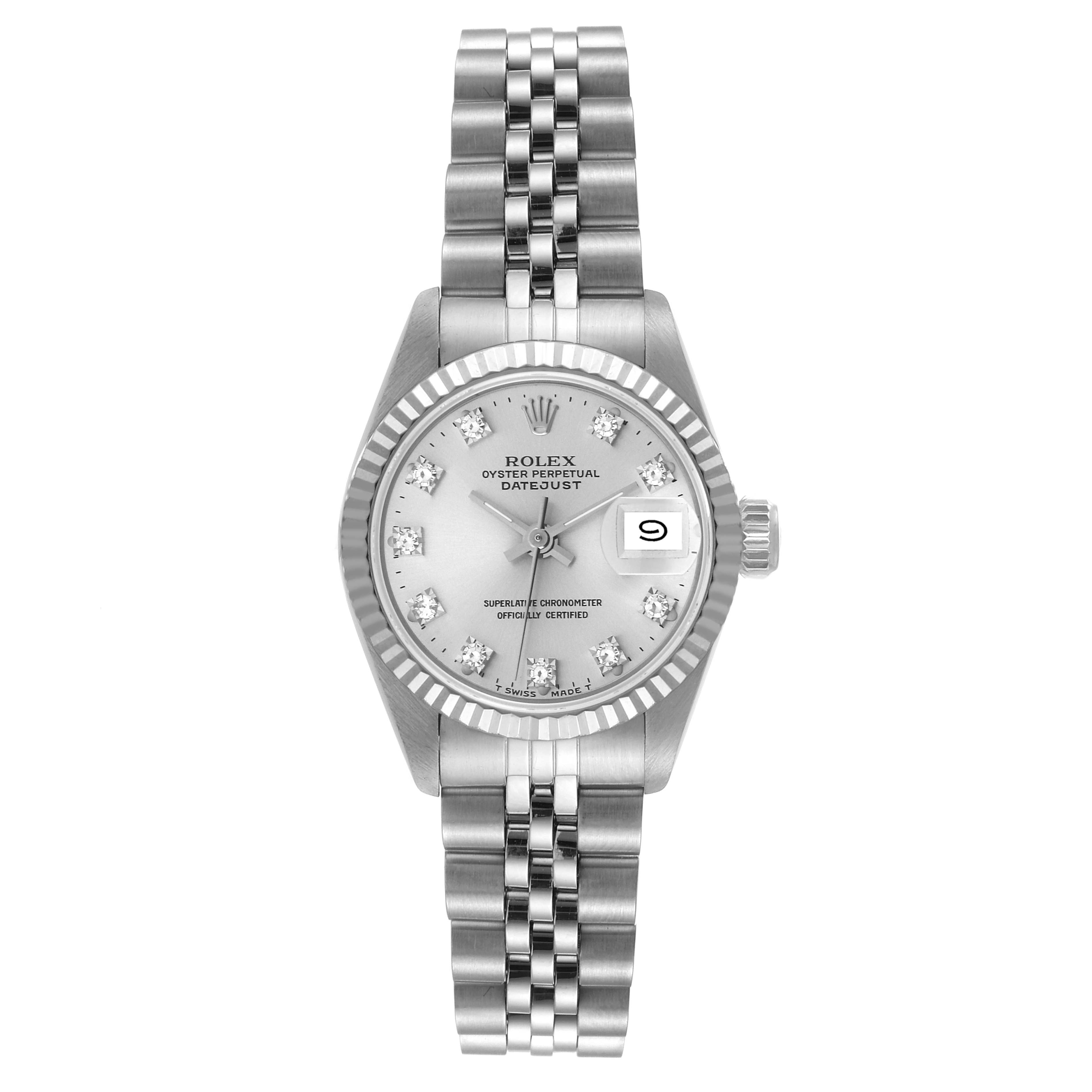 This image shows a front view of the Rolex Datejust 69174 Women's Stainless Steel Silver Dial 69174 Women's Stainless Steel Silver Dial watch, displaying the face, bezel, and bracelet.
