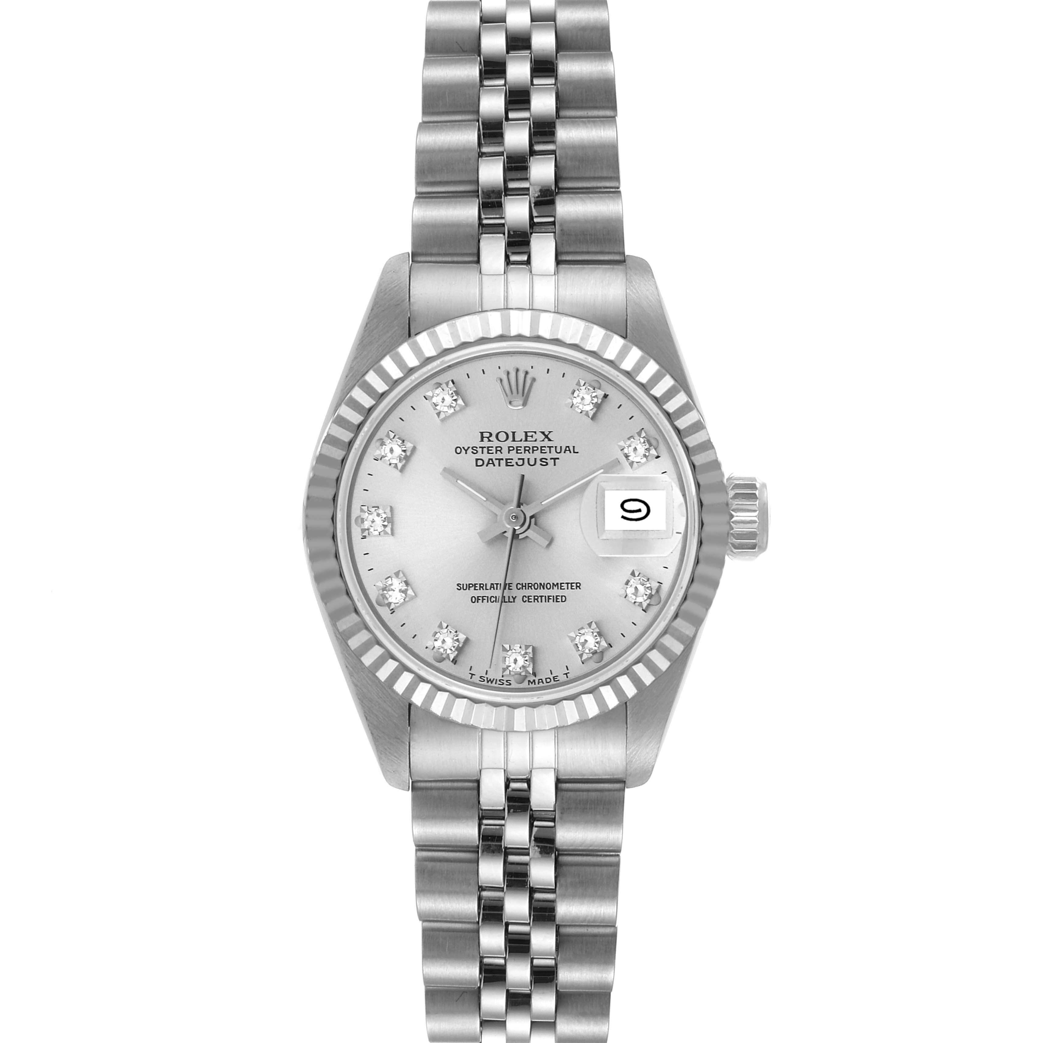 This image shows a frontal view of the Rolex Datejust 69174 Women's Stainless Steel Silver Dial 69174 Women's Stainless Steel Silver Dial watch, featuring its dial, bezel, crystal, and bracelet.