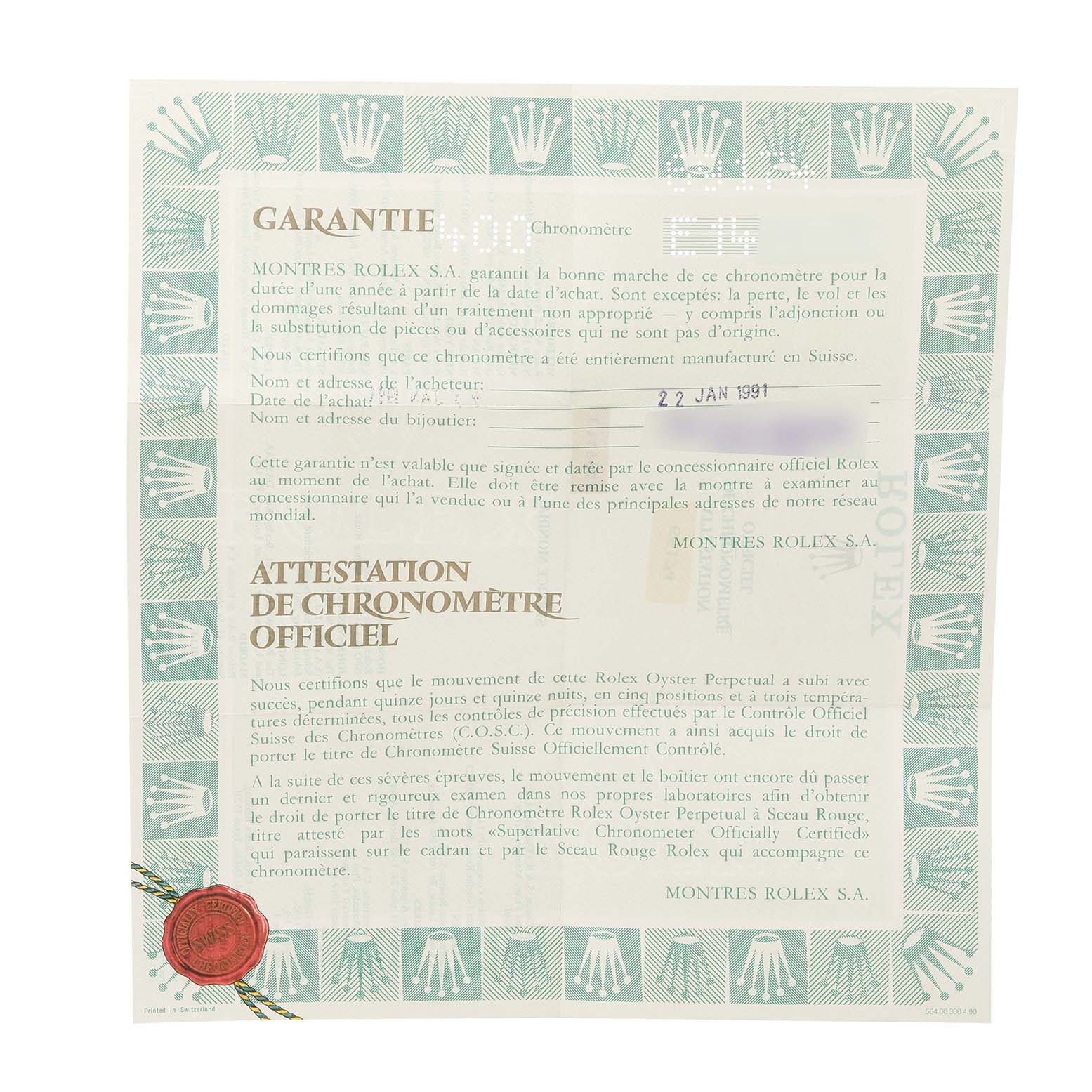 The image shows a Rolex Datejust 69174 Women's Stainless Steel Silver Dial 69174 Women's Stainless Steel Silver Dial warranty and chronometer certificate, displaying the text and official stamps.