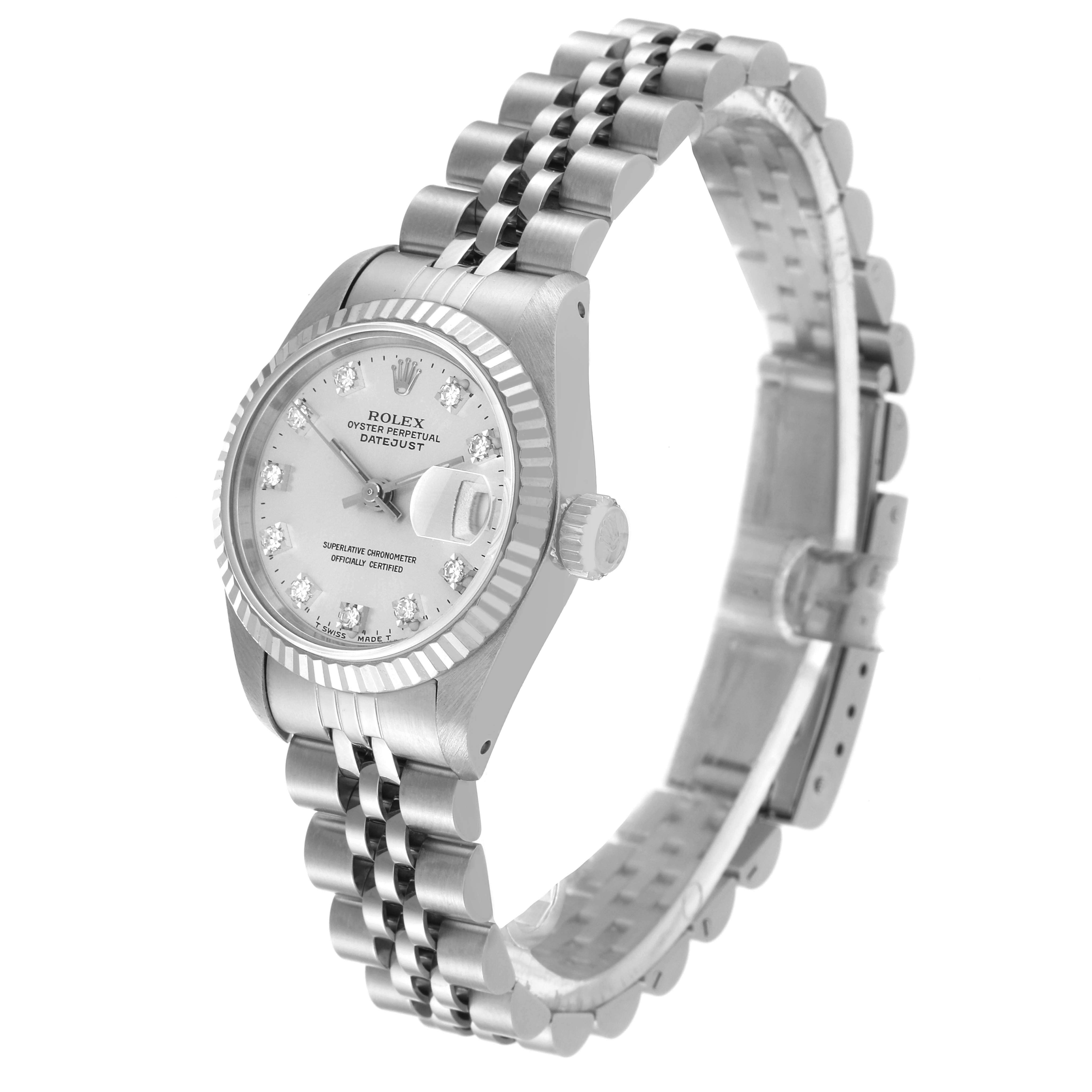 The image shows a Rolex Datejust 69174 Women's Stainless Steel Silver Dial 69174 Women's Stainless Steel Silver Dial watch at a three-quarter angle, highlighting its dial, bezel, and bracelet.
