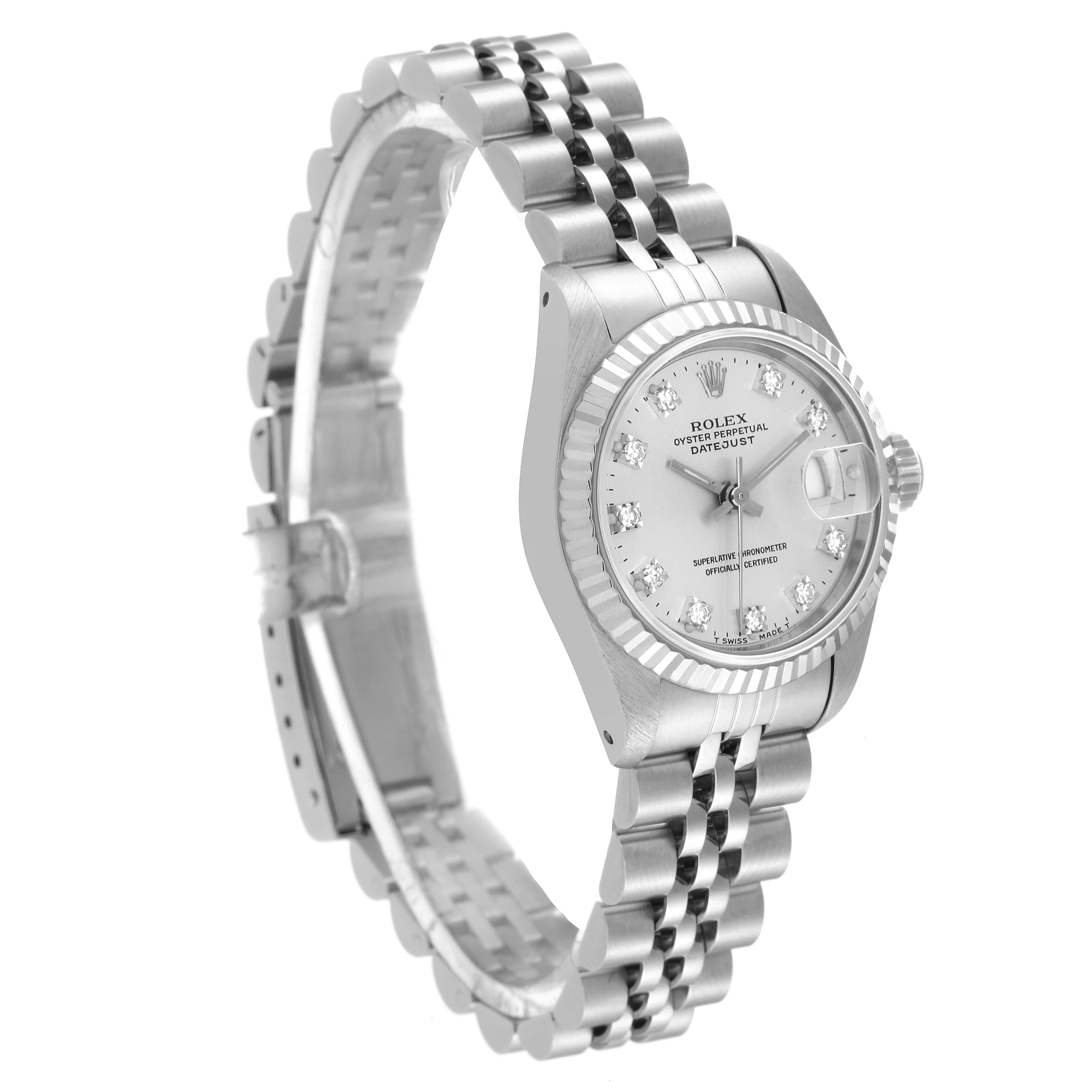 The image shows a Rolex Datejust 69174 Women's Stainless Steel Silver Dial 69174 Women's Stainless Steel Silver Dial watch at a slight side angle, featuring the watch face, bezel, and bracelet.