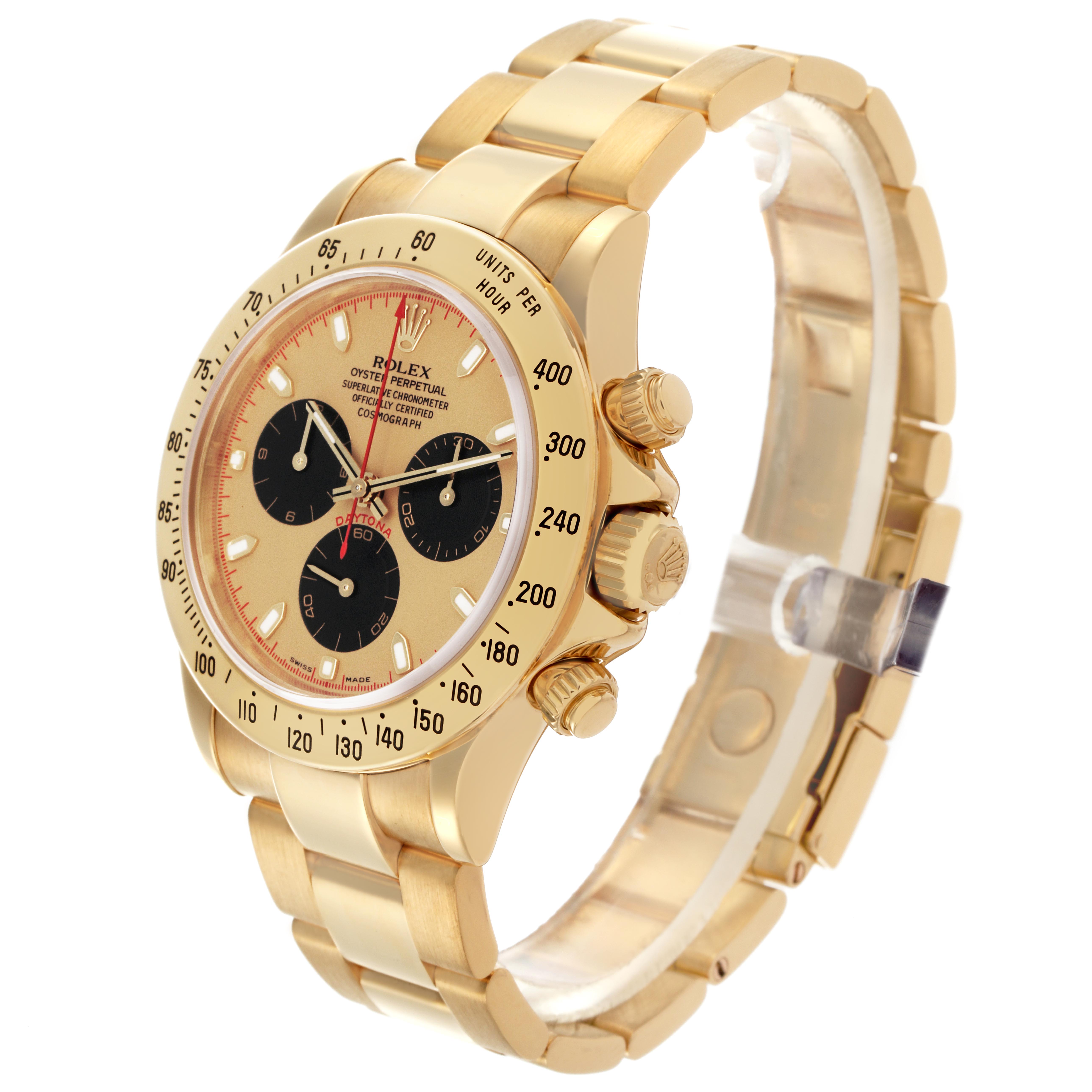 The image shows a Rolex Daytona 116528 Men's Yellow Gold Champagne Dial 116528 Men's Yellow Gold Champagne Dial watch at a three-quarter angle, highlighting the face, bezel, crown, pushers, and bracelet.