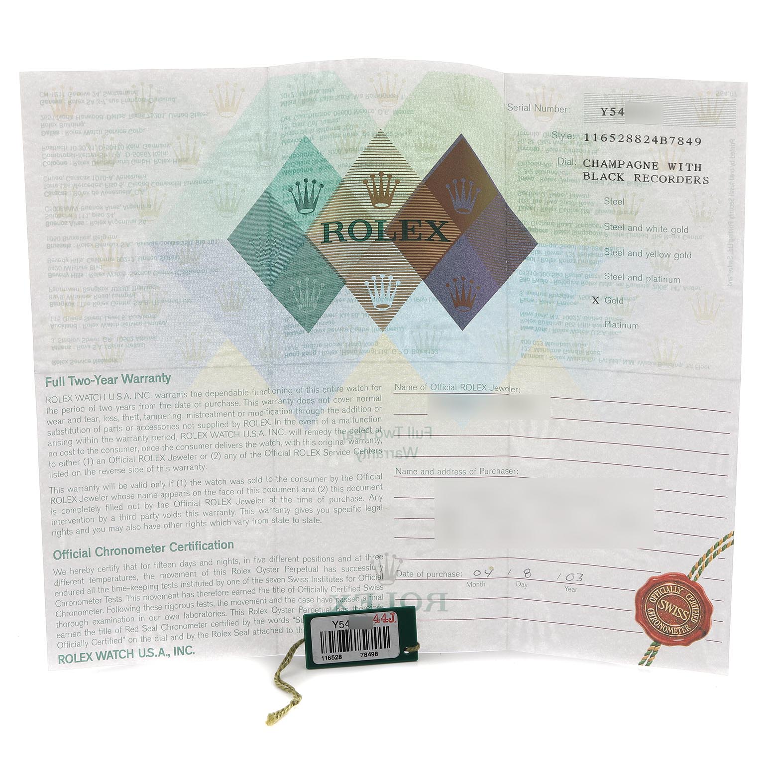 This image shows the warranty and certification papers for a Rolex Daytona 116528 Men's Yellow Gold Champagne Dial 116528 Men's Yellow Gold Champagne Dial watch, highlighting the details and logo.
