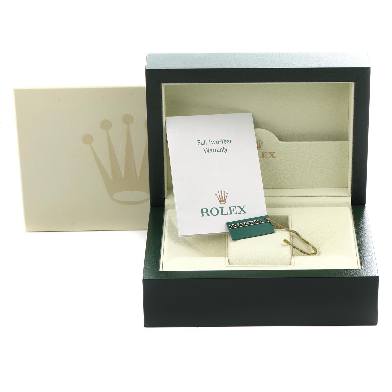 The image shows an open Rolex Daytona 116528 Men's Yellow Gold Champagne Dial 116528 Men's Yellow Gold Champagne Dial watch box with warranty card and tag.