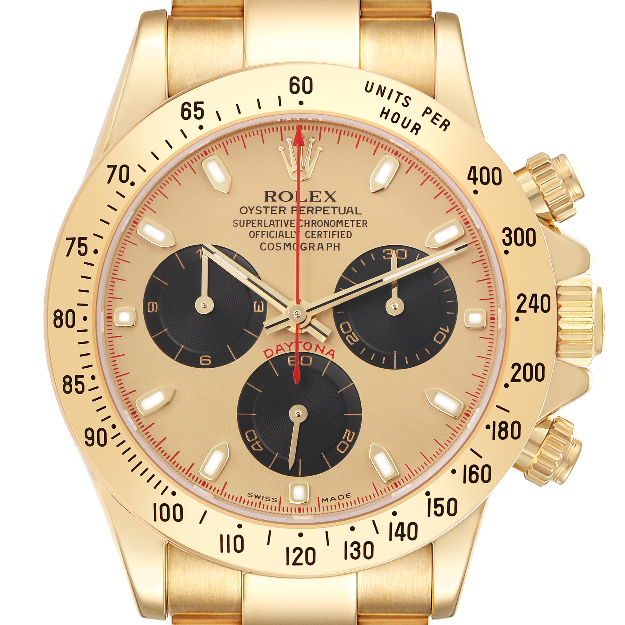 The Rolex Daytona 116528 Men's Yellow Gold Champagne Dial 116528 Men's Yellow Gold Champagne Dial watch is shown from the front, displaying the dial, bezel, pushers, and crown.