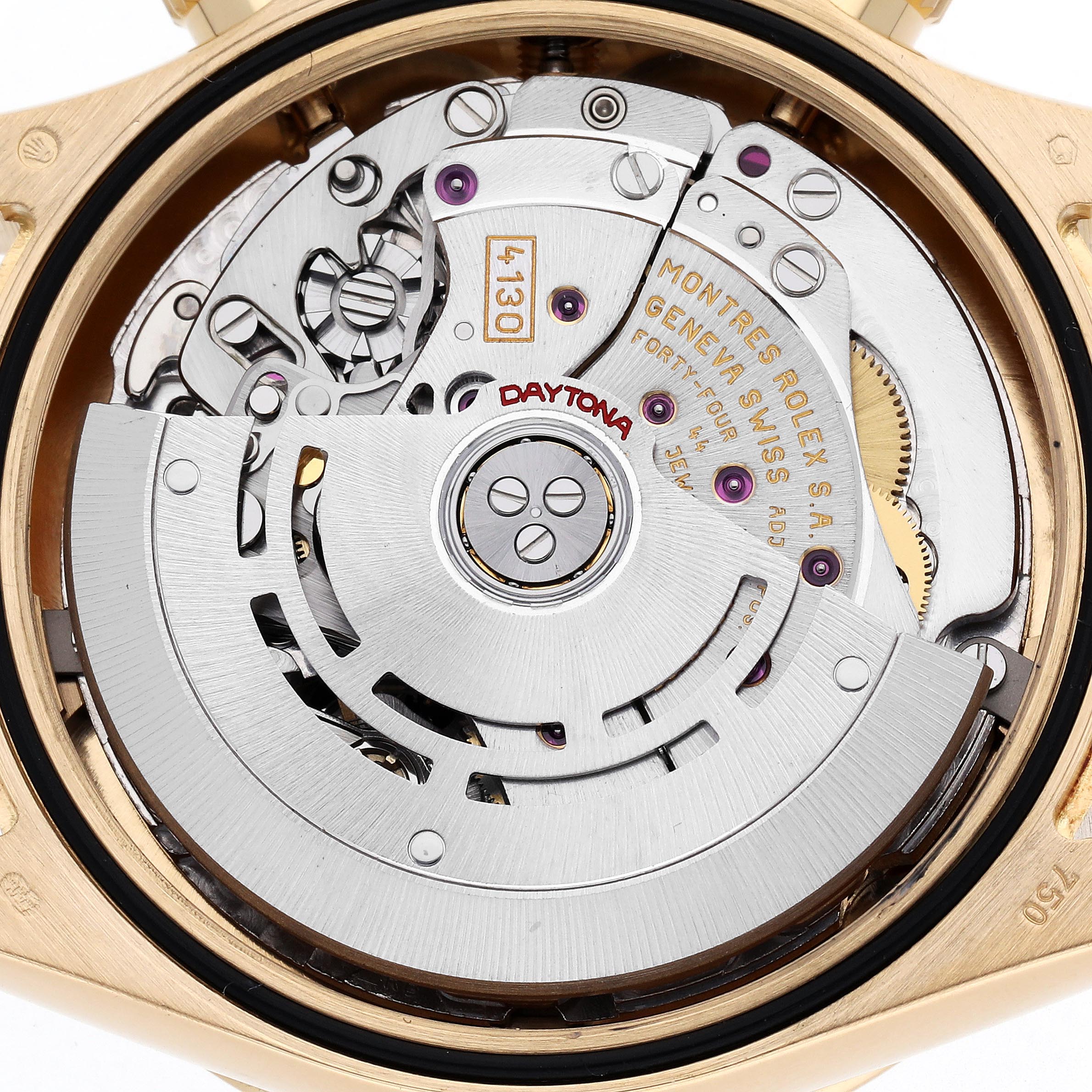 The image shows the movement and rotor of a Rolex Daytona 116528 Men's Yellow Gold Champagne Dial 116528 Men's Yellow Gold Champagne Dial watch, viewed from the back.