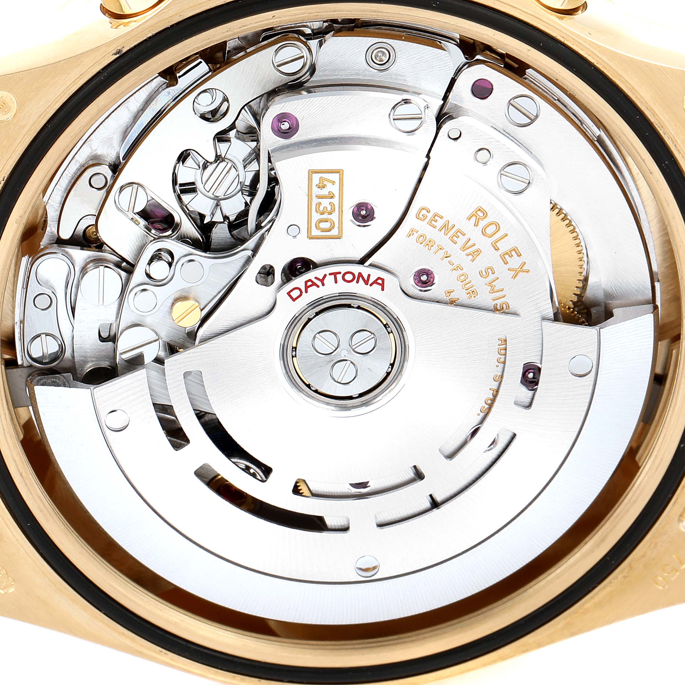 The image shows a close-up of the movement mechanism of a Rolex Daytona 116508 Men's Yellow Gold Mother of Pearl Dial 116508 Men's Yellow Gold Mother of Pearl Dial watch.