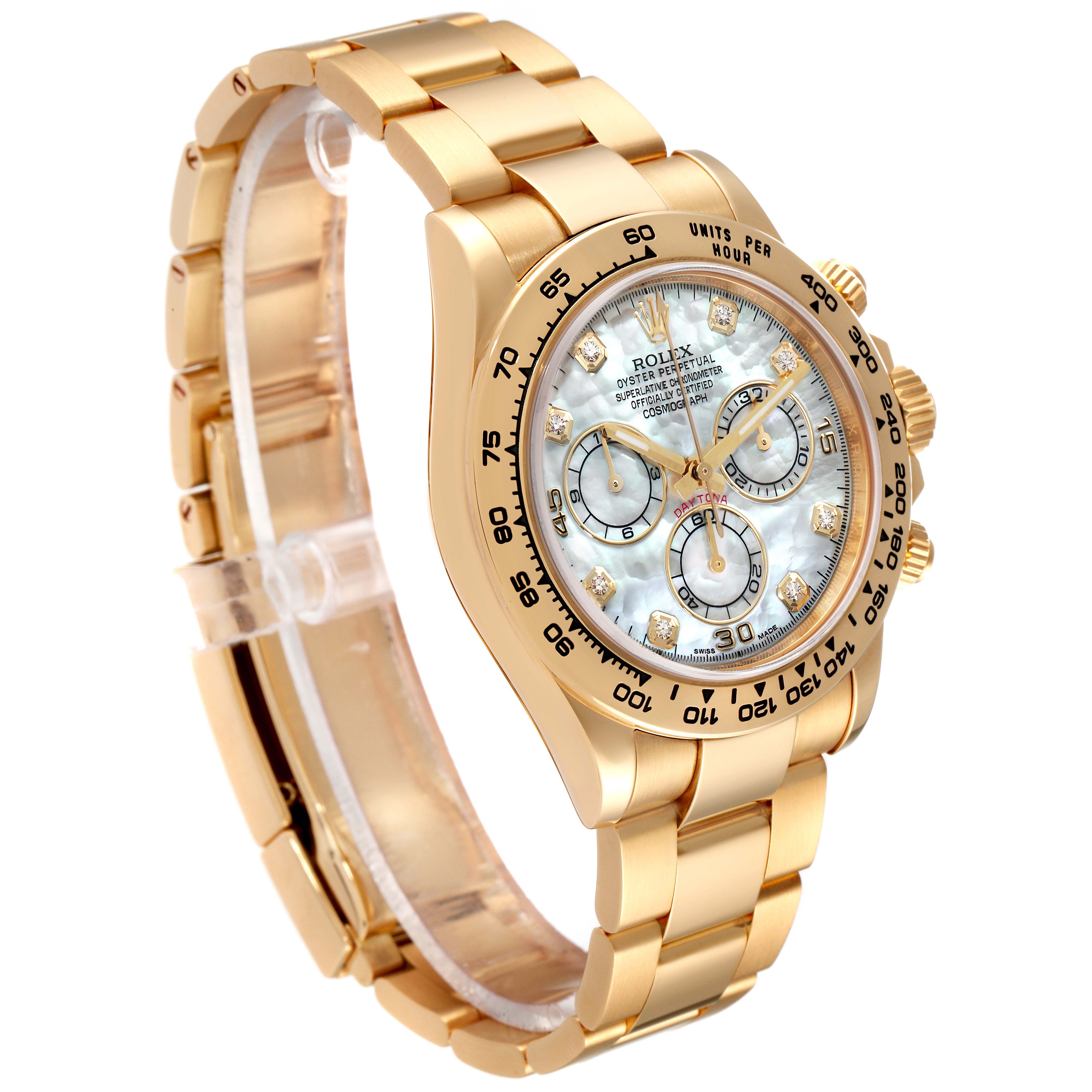 The image shows a side and frontal view of a gold Rolex Daytona 116508 Men's Yellow Gold Mother of Pearl Dial 116508 Men's Yellow Gold Mother of Pearl Dial watch, highlighting its bracelet, face, and bezel.