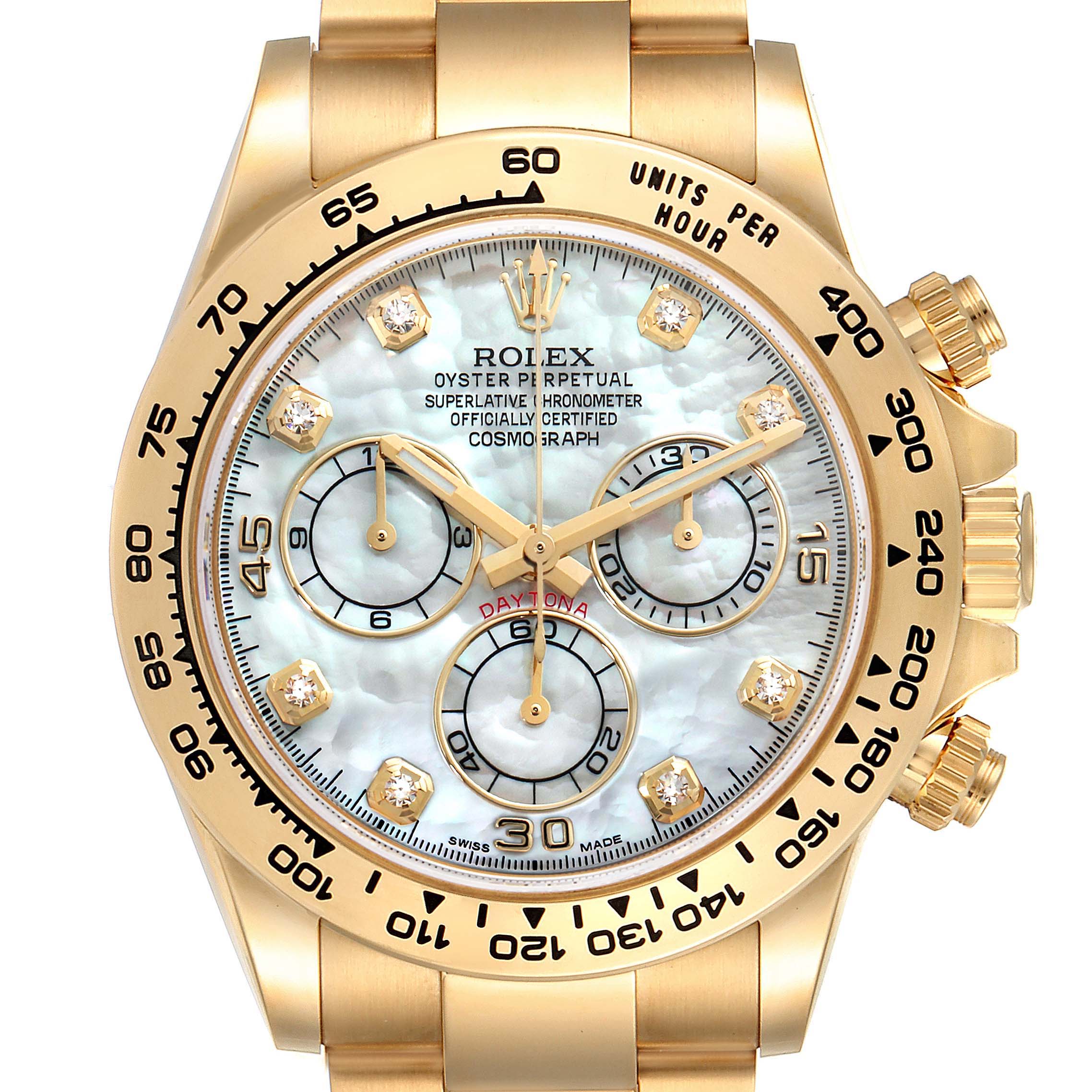 The image shows a frontal view of a Rolex Daytona 116508 Men's Yellow Gold Mother of Pearl Dial 116508 Men's Yellow Gold Mother of Pearl Dial model watch, highlighting its gold casing and chronograph sub-dials.