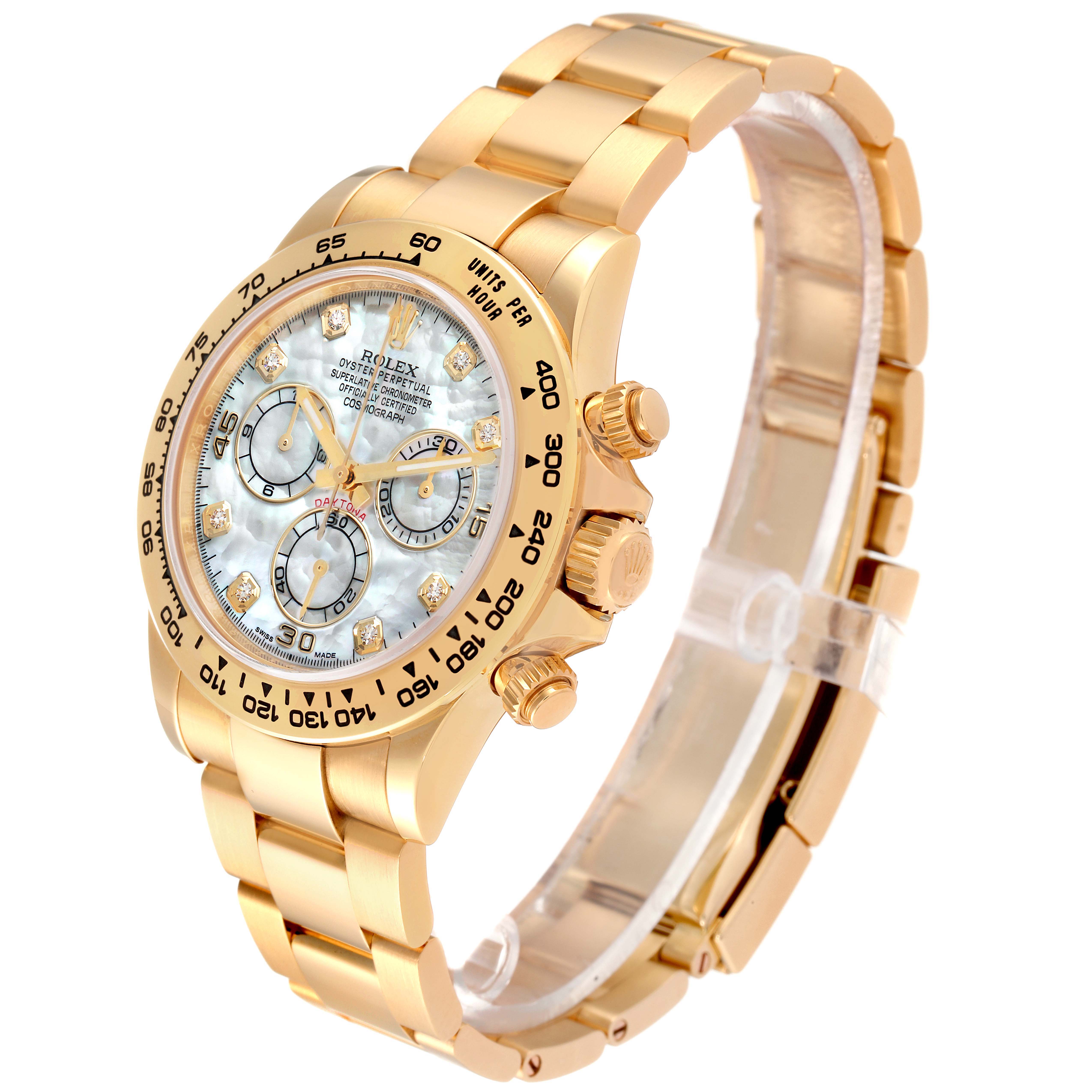 The image shows a side angle of a gold Rolex Daytona 116508 Men's Yellow Gold Mother of Pearl Dial 116508 Men's Yellow Gold Mother of Pearl Dial watch, highlighting the face, bezel, pushers, and bracelet.