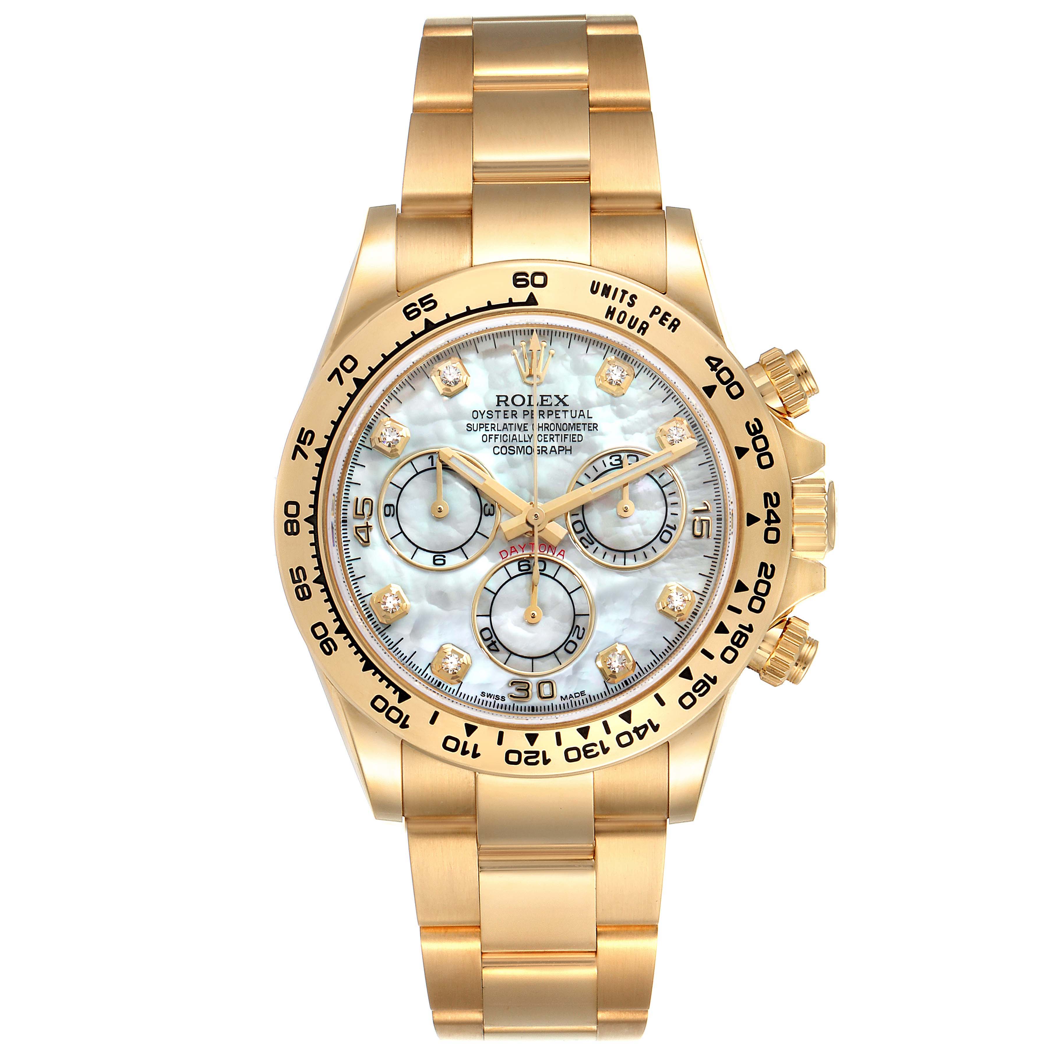 The image shows a front view of a Rolex Daytona 116508 Men's Yellow Gold Mother of Pearl Dial 116508 Men's Yellow Gold Mother of Pearl Dial watch, highlighting the dial, bezel, bracelet, and crown.
