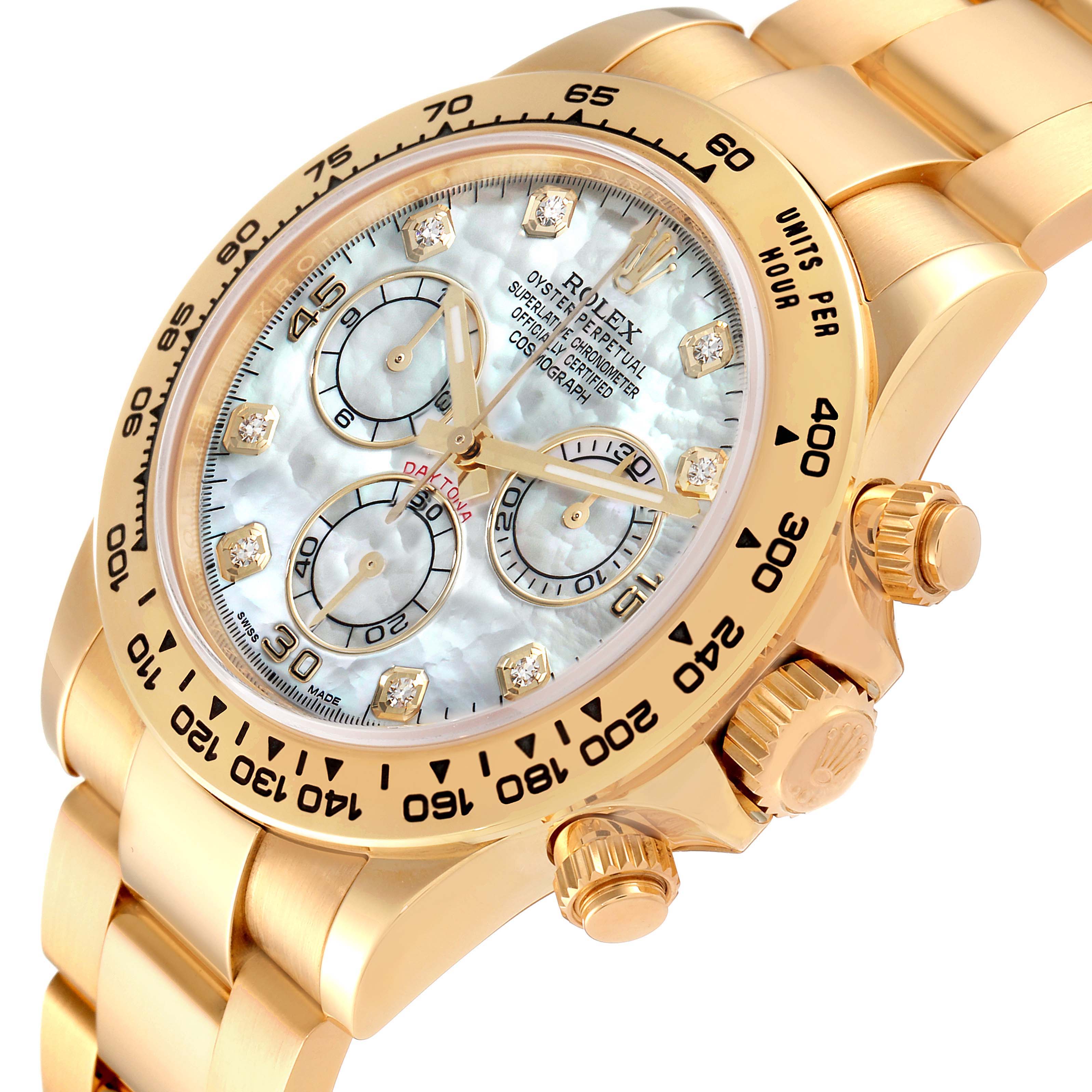 The image shows a close-up, angled view of the Rolex Daytona 116508 Men's Yellow Gold Mother of Pearl Dial 116508 Men's Yellow Gold Mother of Pearl Dial watch, highlighting its dial, bezel, and bracelet.