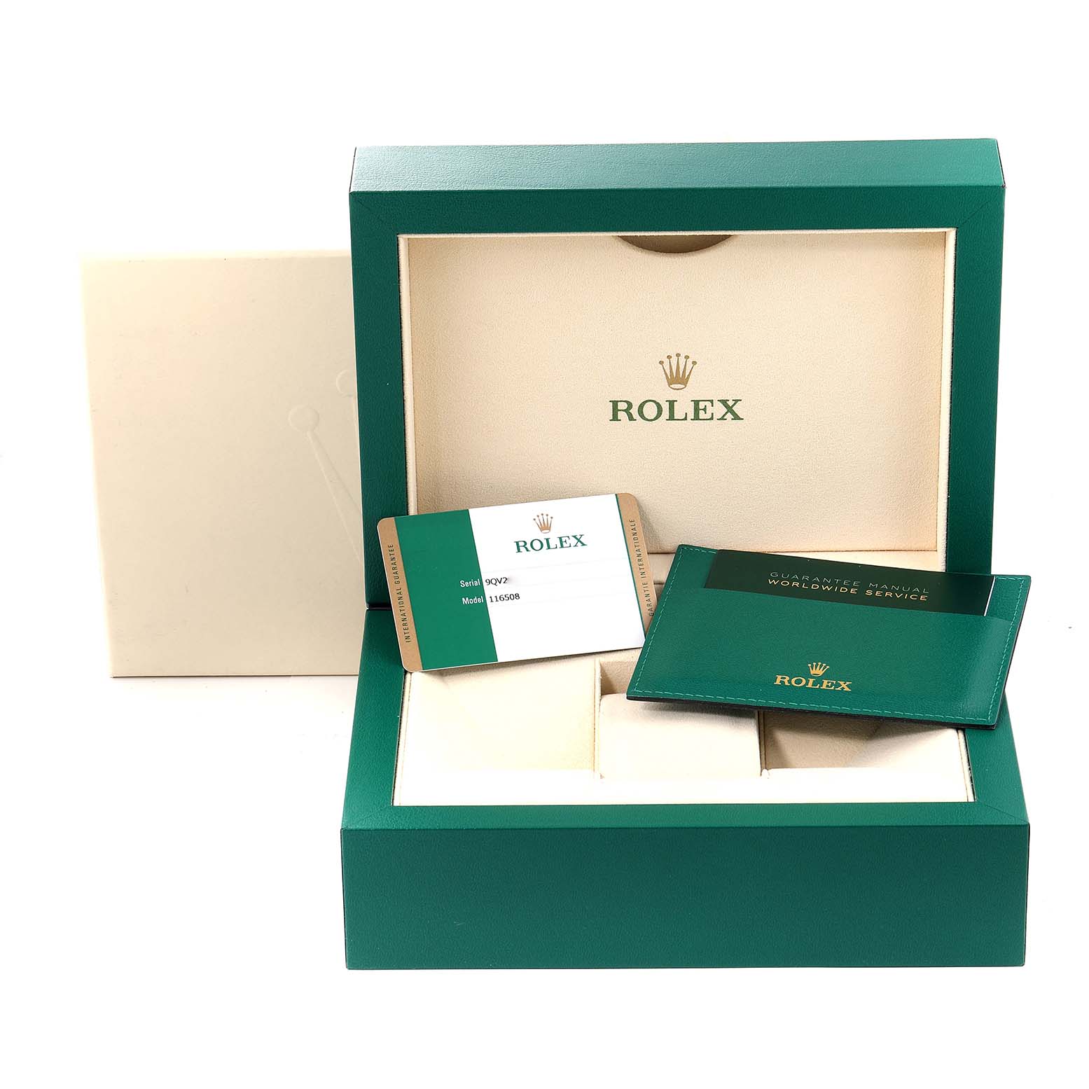 The image shows a Rolex Daytona 116508 Men's Yellow Gold Mother of Pearl Dial 116508 Men's Yellow Gold Mother of Pearl Dial watch box, certification card, and guarantee manual package from a front angle.