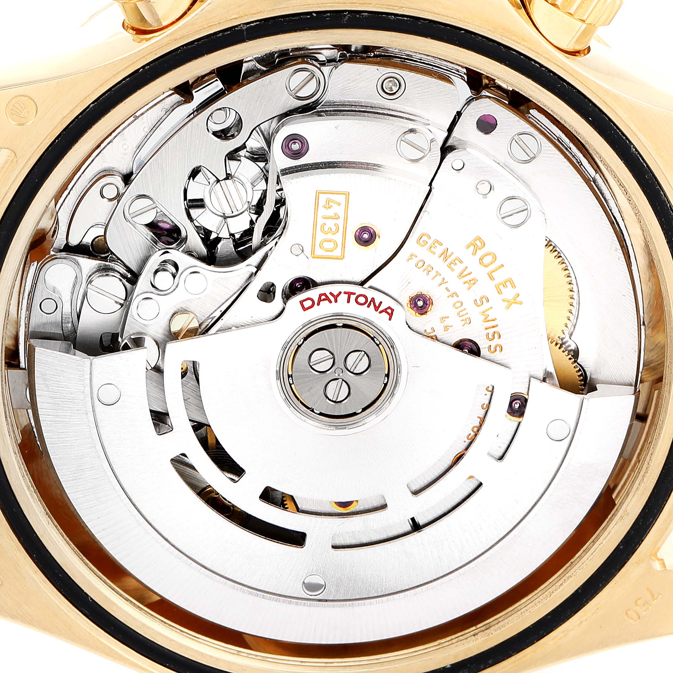 This image shows the movement mechanism of the Rolex Daytona 116528 Men
s Yellow Gold Mother of Pearl Dial 116528 Men
s Yellow Gold Mother of Pearl Dial watch, highlighting the intricate internal components.