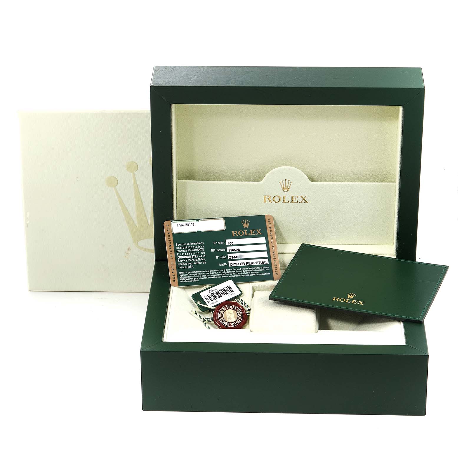 The image shows the packaging and accessories for a Rolex Daytona 116528 Men
s Yellow Gold Mother of Pearl Dial 116528 Men
s Yellow Gold Mother of Pearl Dial, including the box, warranty card, booklet, and a tag.