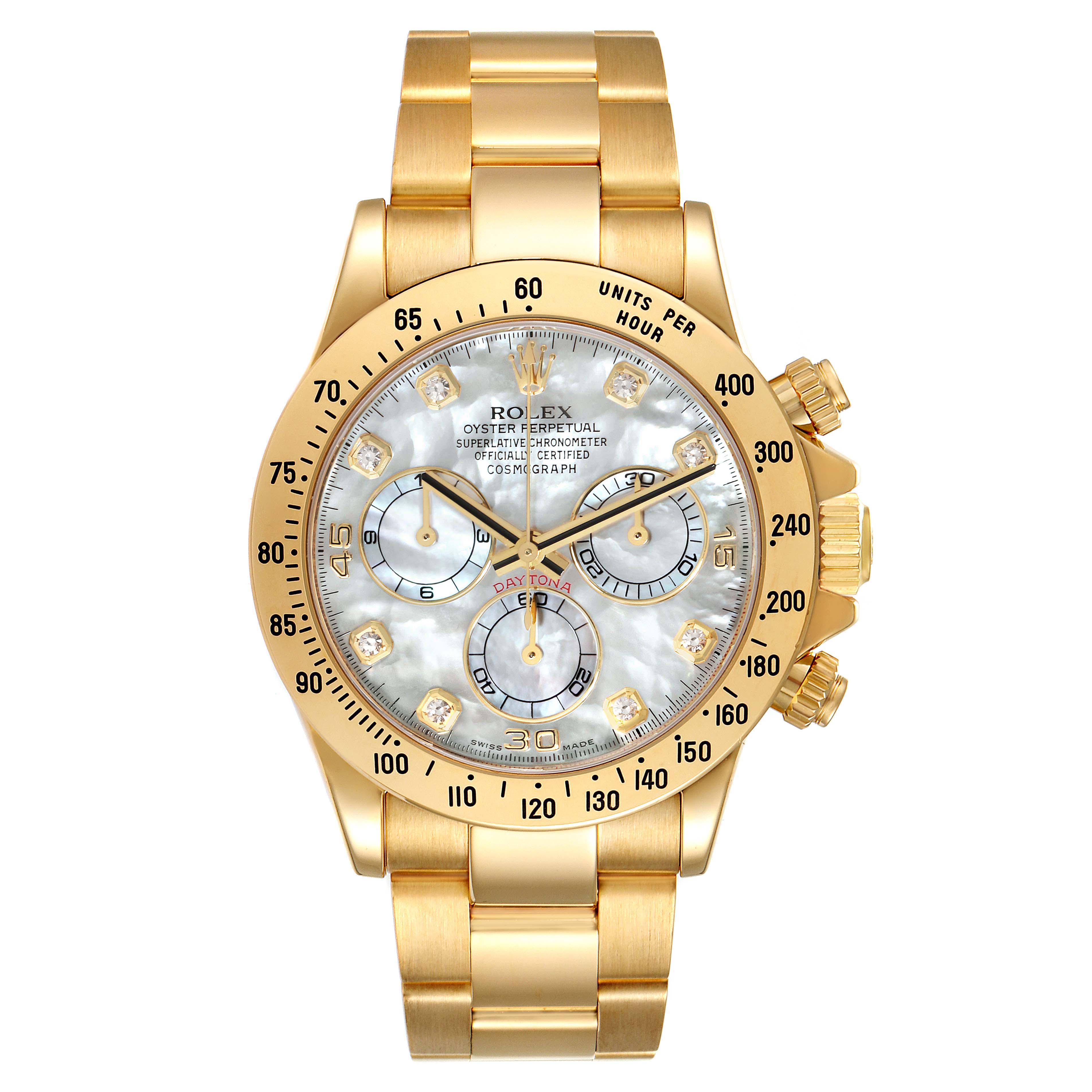 The image shows a front view of a gold Rolex Daytona 116528 Men
s Yellow Gold Mother of Pearl Dial 116528 Men
s Yellow Gold Mother of Pearl Dial watch, highlighting its dial, case, three subdials, and bracelet.