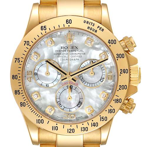 Photo of Rolex Daytona Yellow Gold Mother of Pearl Diamond Dial Mens Watch 116528 Box Card