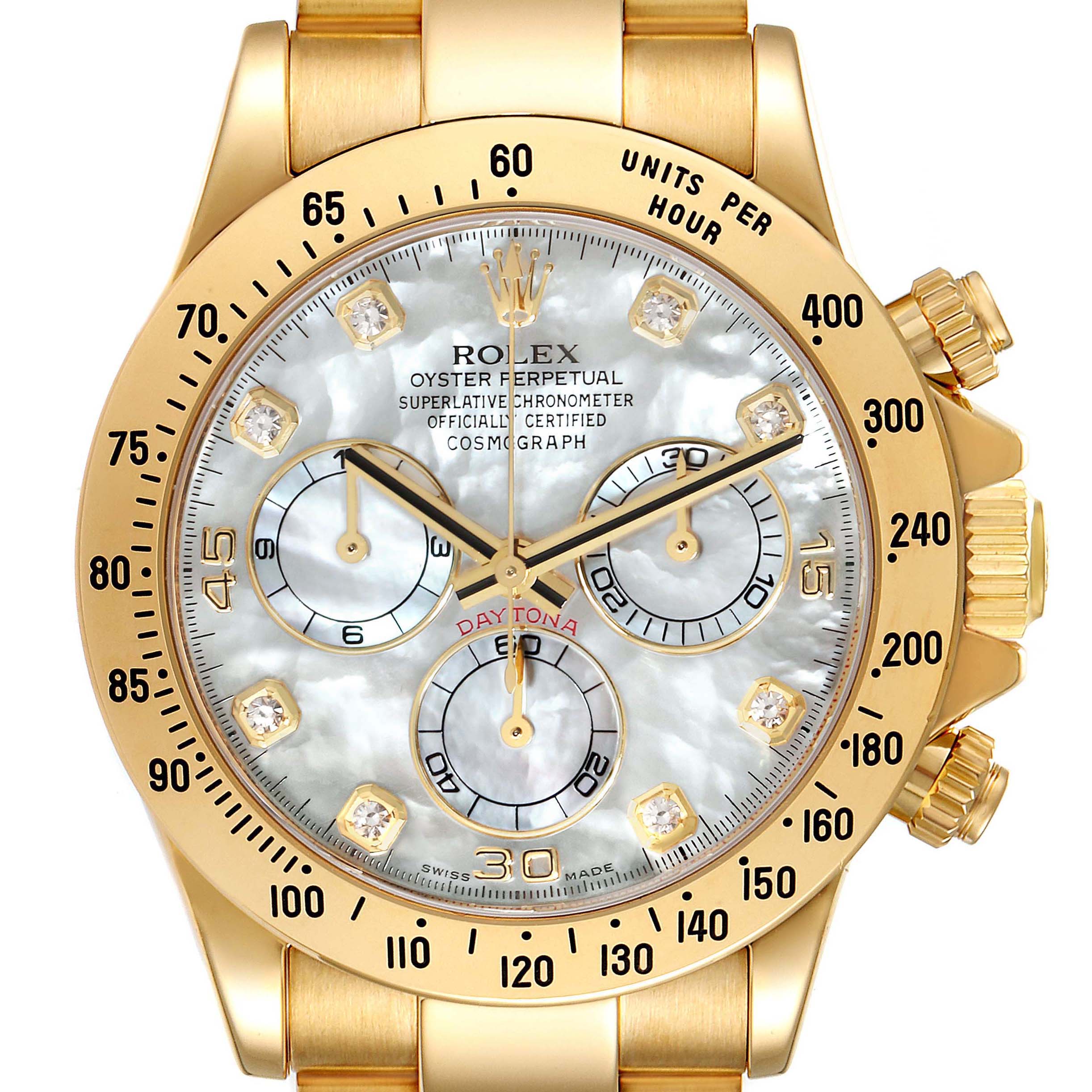 The image shows a front view of a Rolex Daytona 116528 Men
s Yellow Gold Mother of Pearl Dial 116528 Men
s Yellow Gold Mother of Pearl Dial watch, featuring a gold case, mother-of-pearl dial, and diamond hour markers.