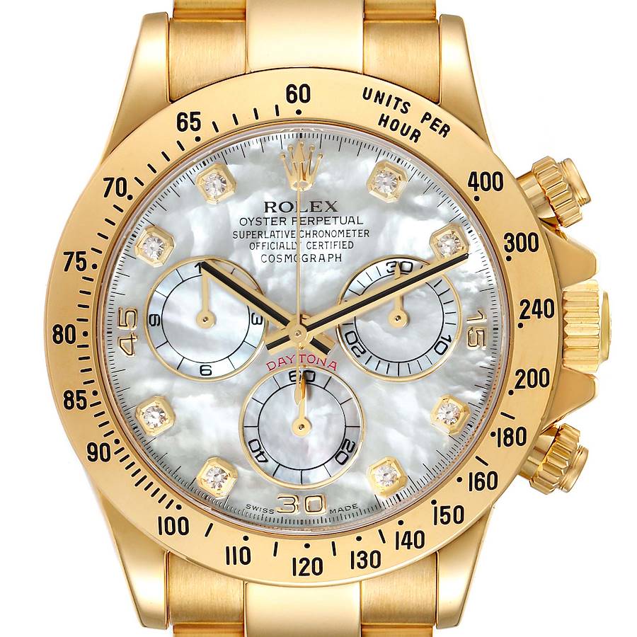 Rolex Daytona Yellow Gold Mother of Pearl Diamond Dial Mens Watch 116528 Box Card SwissWatchExpo