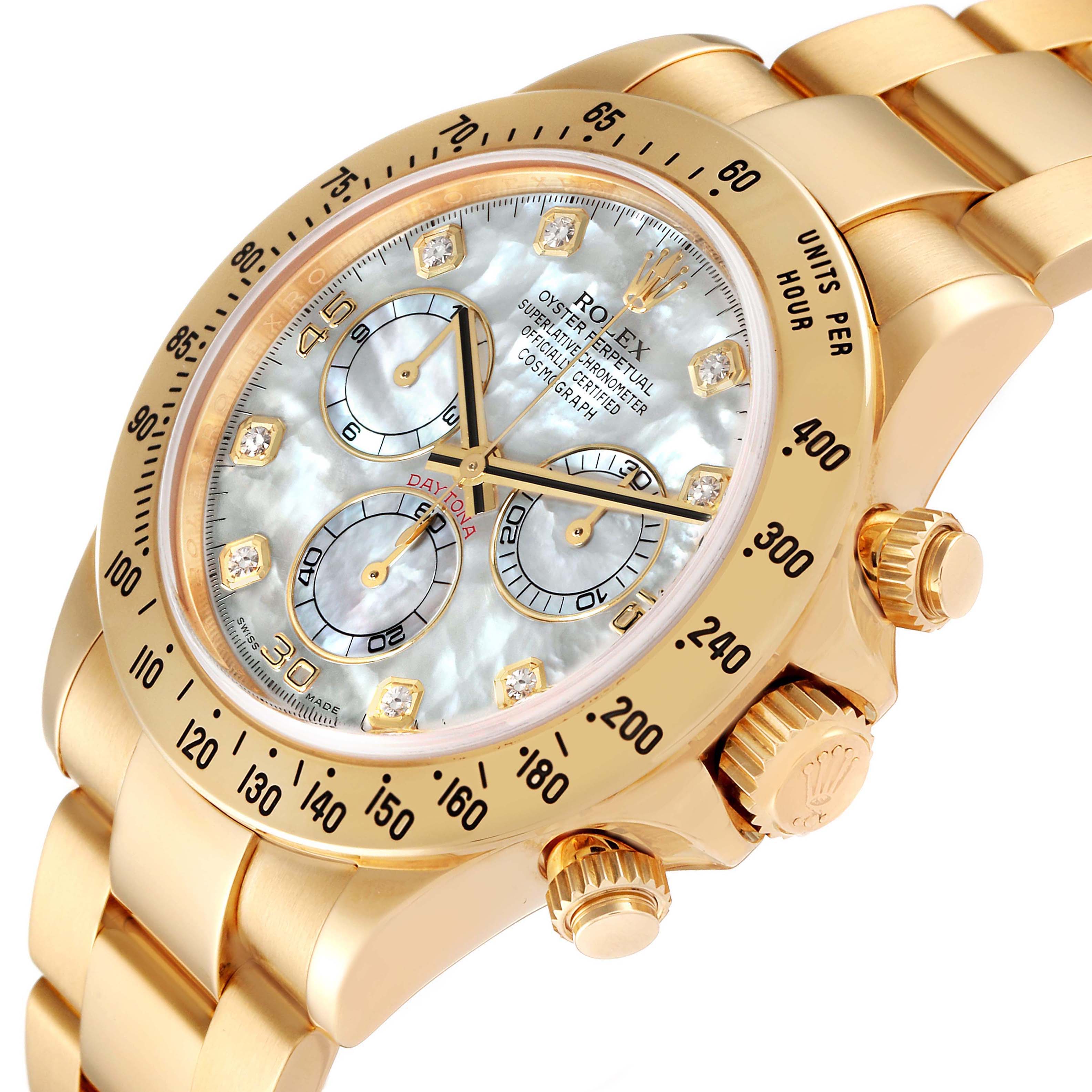 The image shows a close-up angled view of a Rolex Daytona 116528 Men
s Yellow Gold Mother of Pearl Dial 116528 Men
s Yellow Gold Mother of Pearl Dial featuring the face, crown, and part of the bracelet.