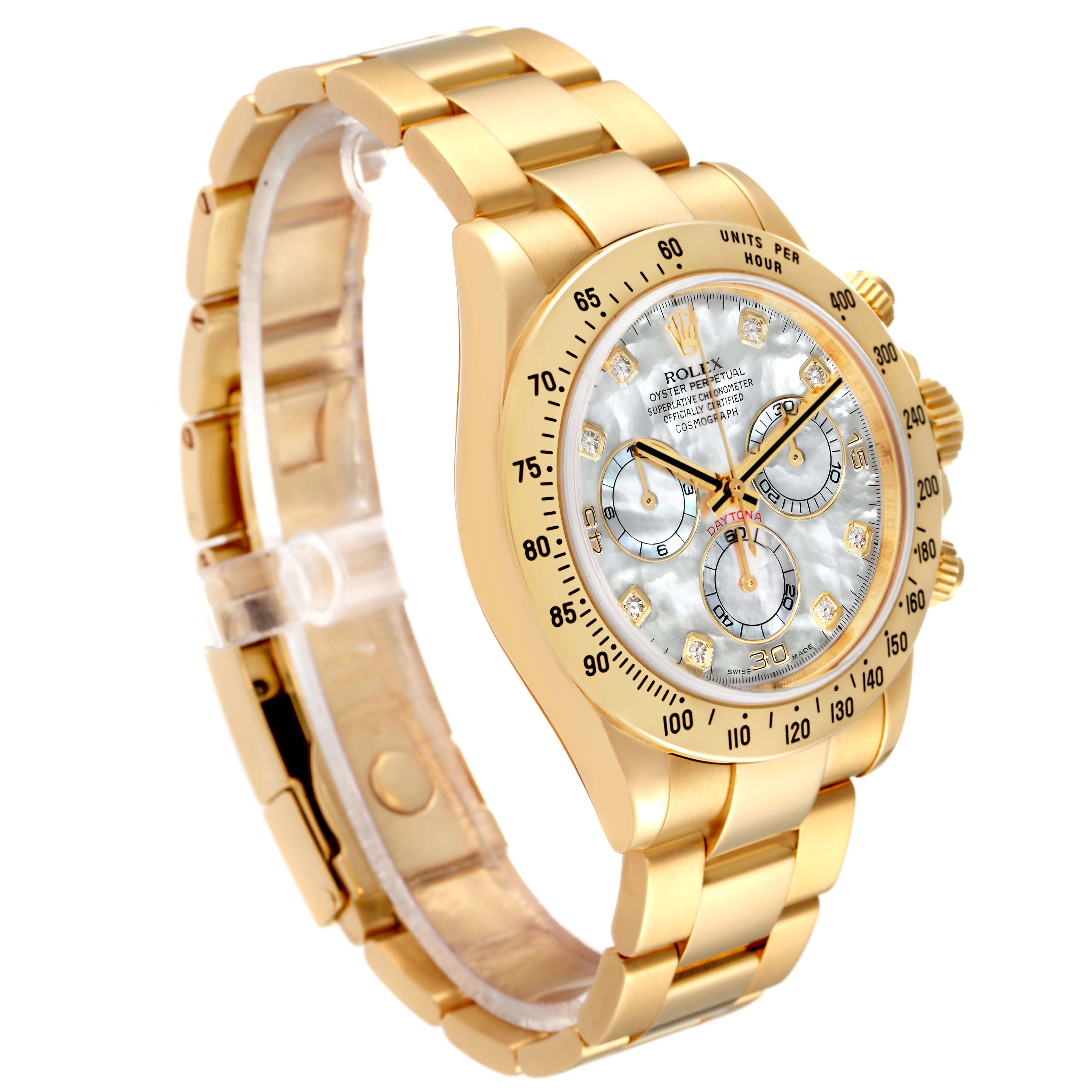 The image shows a Rolex Daytona 116528 Men
s Yellow Gold Mother of Pearl Dial 116528 Men
s Yellow Gold Mother of Pearl Dial watch at a three-quarter angle, highlighting the dial, bezel, and bracelet.