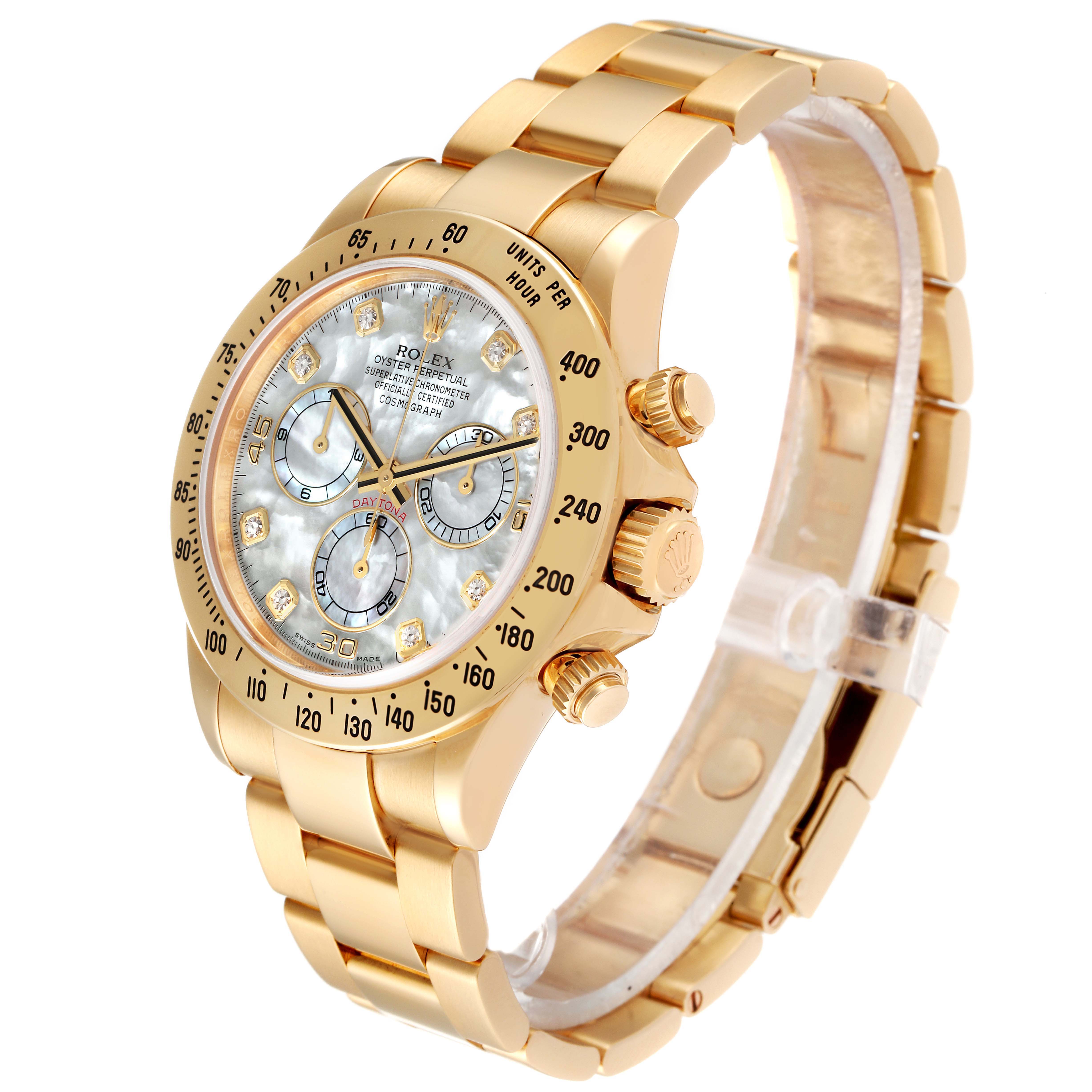 This image shows a Rolex Daytona 116528 Men
s Yellow Gold Mother of Pearl Dial 116528 Men
s Yellow Gold Mother of Pearl Dial watch at a three-quarter angle, displaying its dial, case, crown, and bracelet.