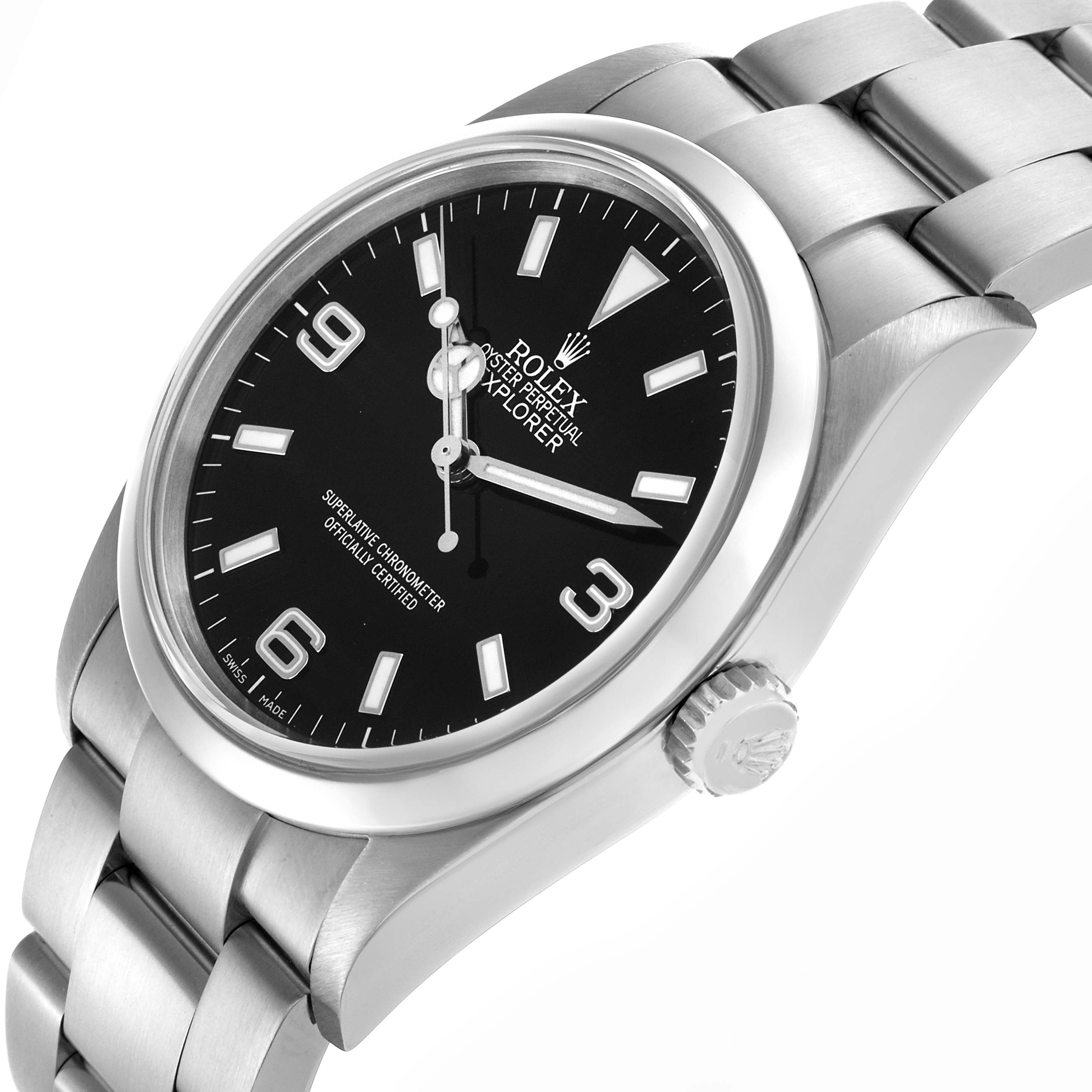 The Rolex Explorer 114270 Men's Stainless Steel Black Dial 114270 Men's Stainless Steel Black Dial watch is shown from a three-quarter angle, highlighting the dial, bezel, crown, and part of the bracelet.