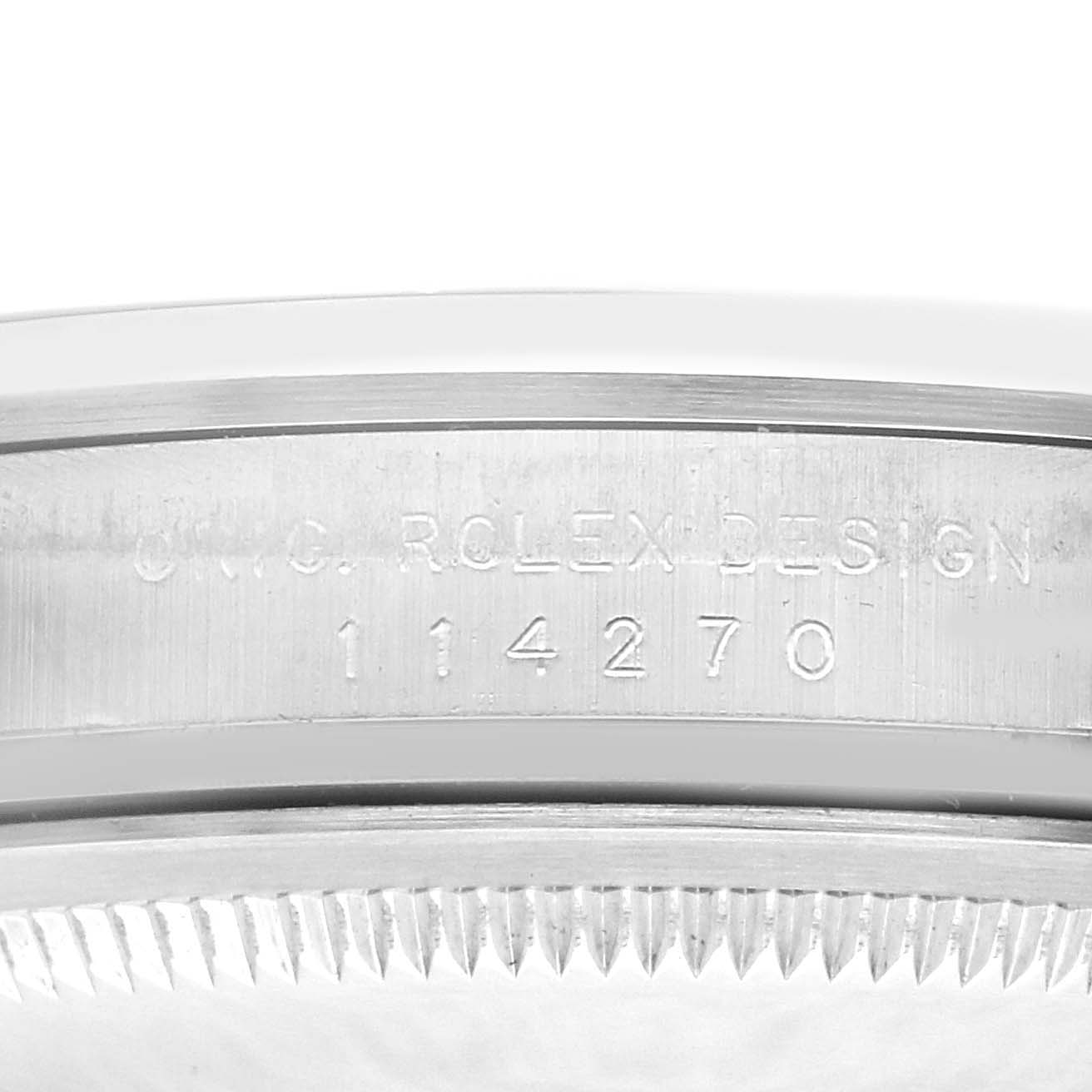 The image shows the side view of the Rolex Explorer 114270 Men's Stainless Steel Black Dial 114270 Men's Stainless Steel Black Dial watch case, highlighting the engraved model number "114270."