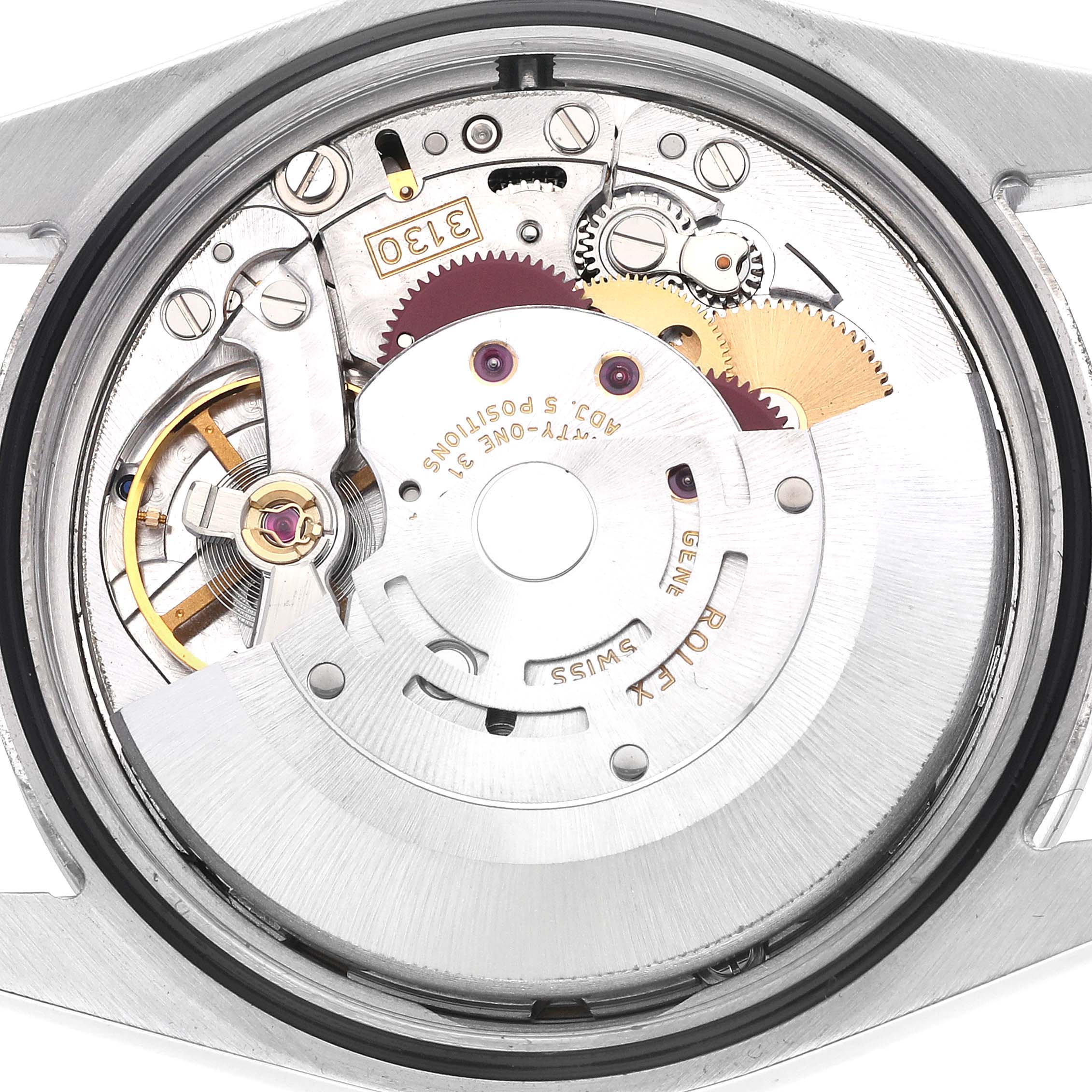 The image shows the inner mechanism of a Rolex Explorer 114270 Men's Stainless Steel Black Dial 114270 Men's Stainless Steel Black Dial watch, focusing on its movement from a direct top-down angle.