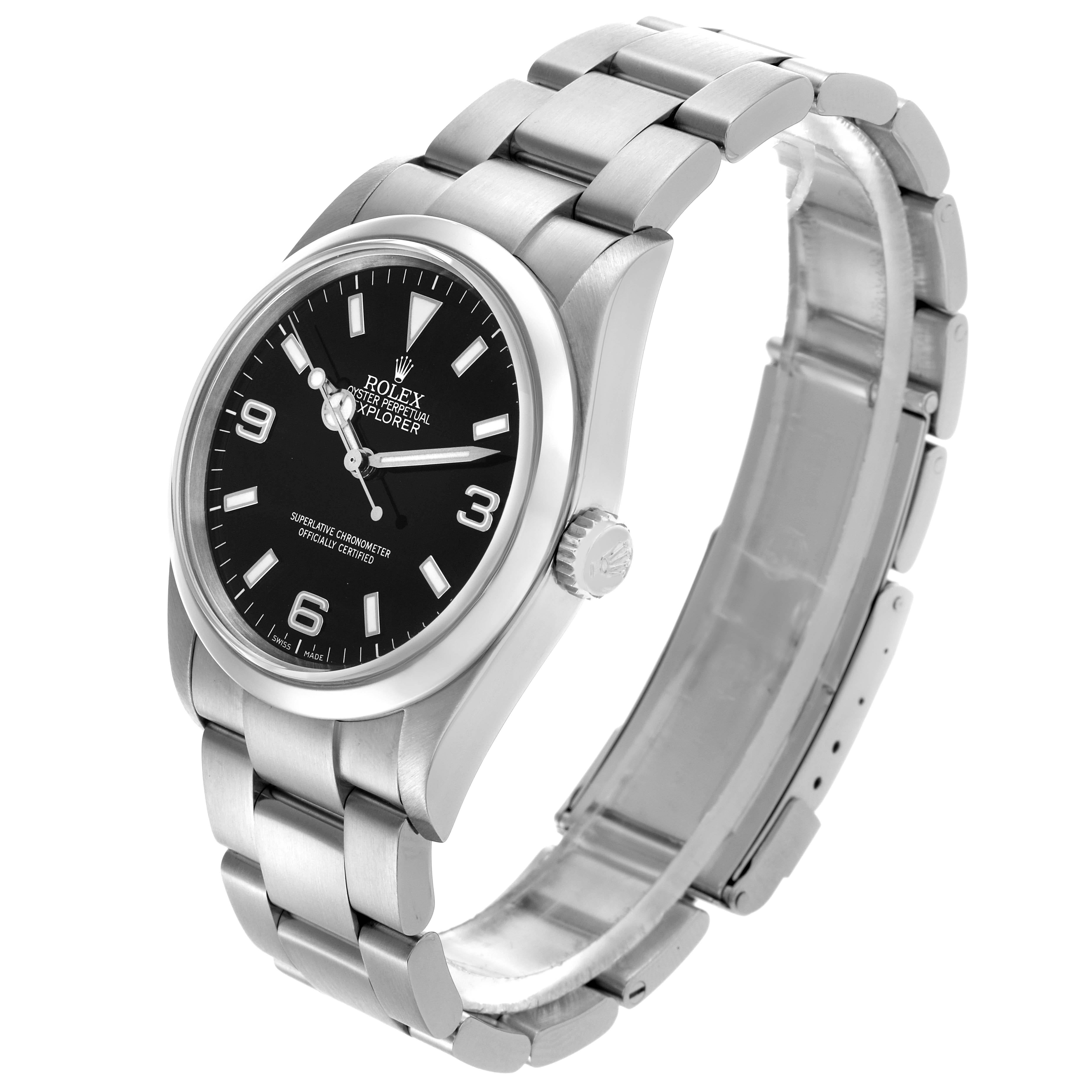 The Rolex Explorer 114270 Men's Stainless Steel Black Dial 114270 Men's Stainless Steel Black Dial watch is shown at a slight side angle, featuring its face, bezel, and bracelet.