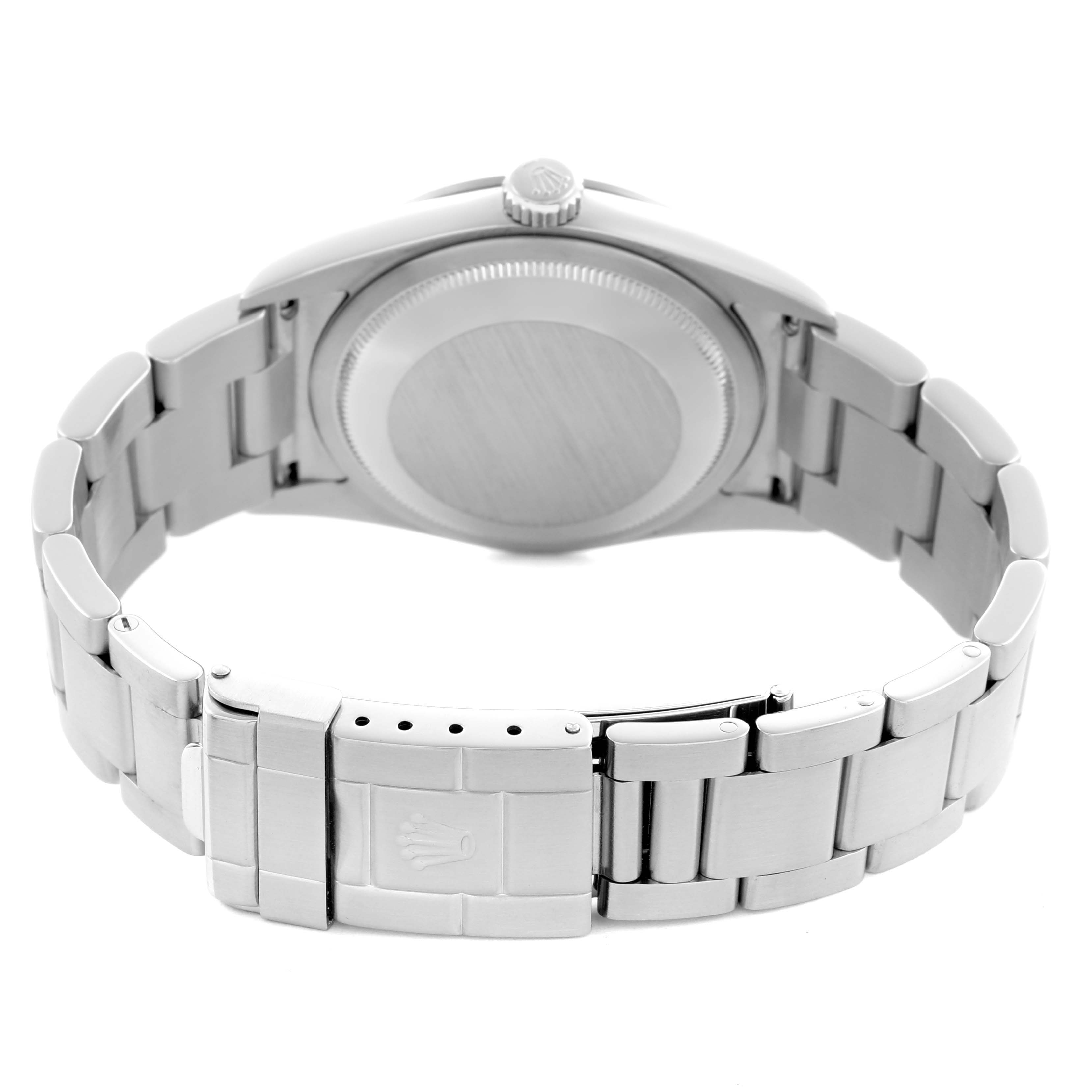 The image shows the back of a Rolex Explorer 114270 Men's Stainless Steel Black Dial 114270 Men's Stainless Steel Black Dial watch, highlighting the case back, crown, and bracelet clasp with the Rolex logo.