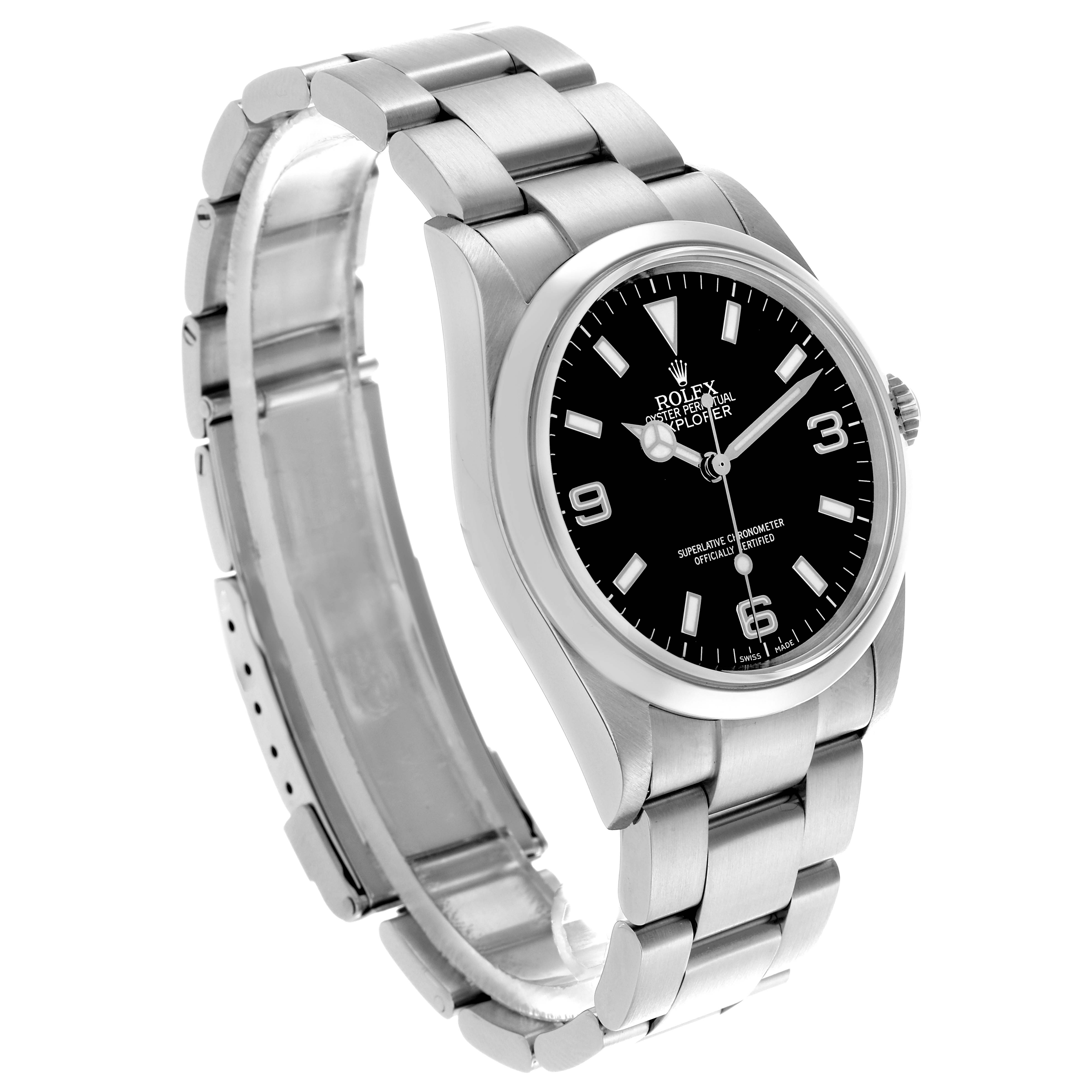 The Rolex Explorer 114270 Men's Stainless Steel Black Dial 114270 Men's Stainless Steel Black Dial watch is shown at an angle highlighting the face, case, and partially opened clasp of the bracelet.