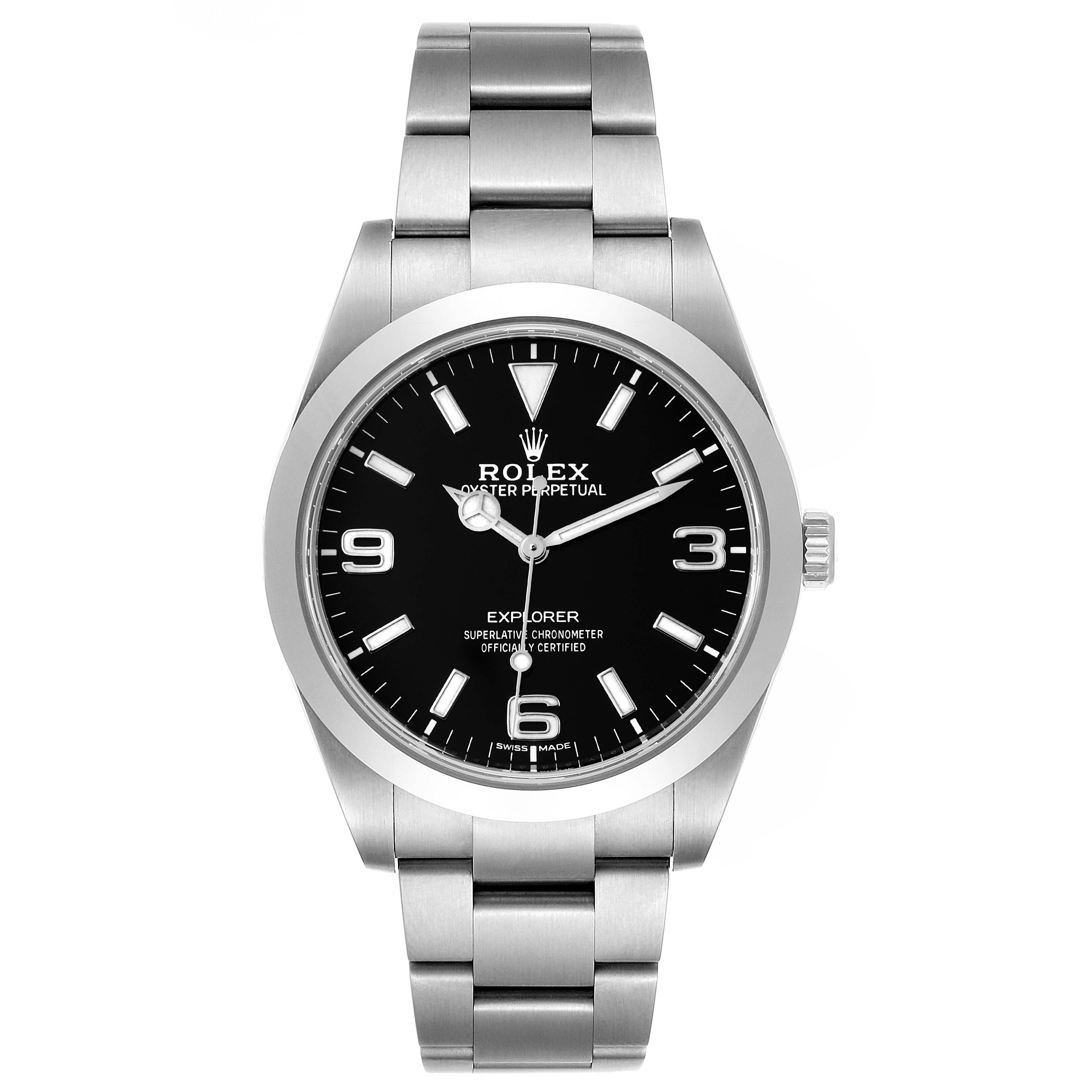 The image shows a front view of the Rolex Explorer 214270 Men's Stainless Steel Black Dial 214270 Men's Stainless Steel Black Dial watch, highlighting the dial, bezel, bracelet, and crown.