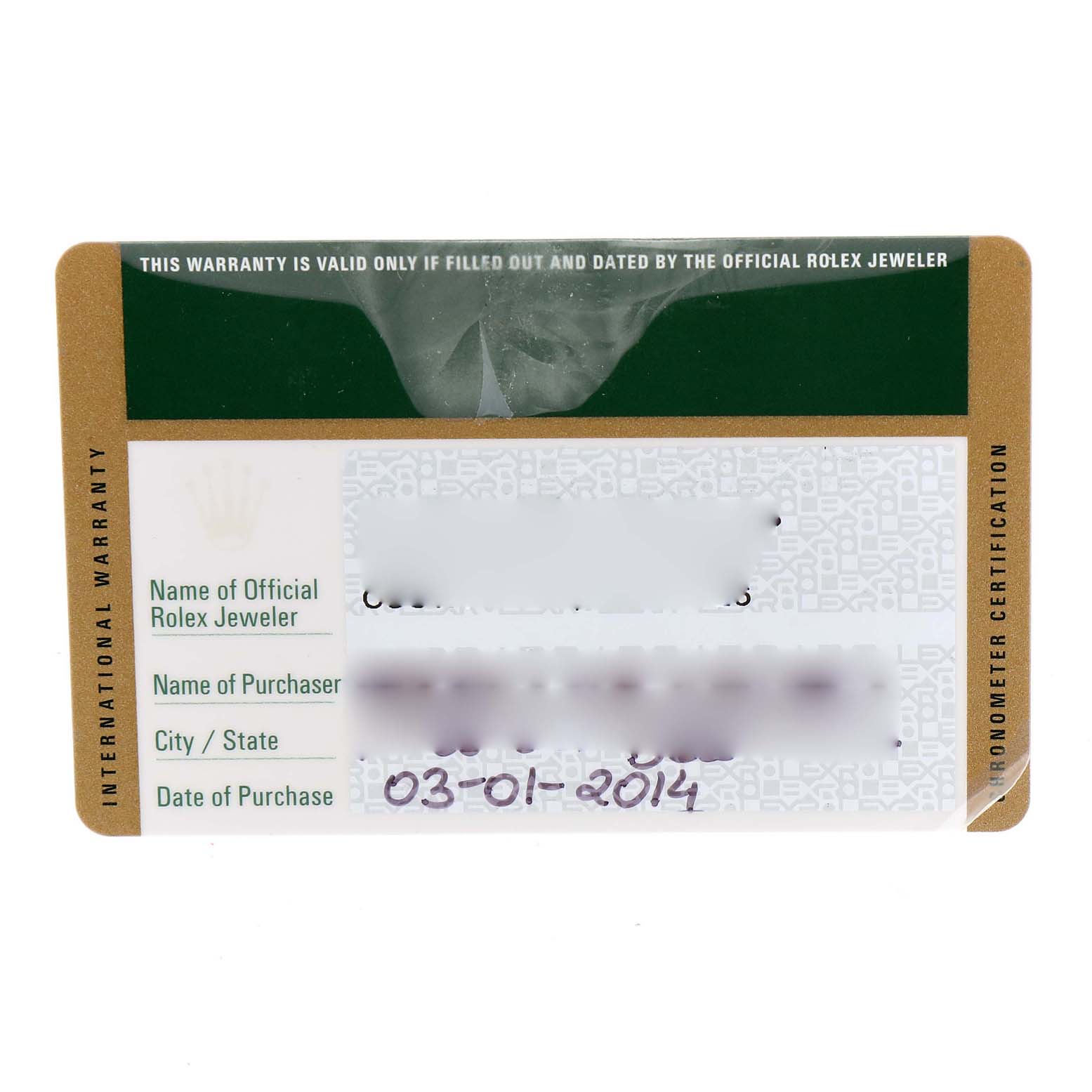 This image shows the warranty card for a Rolex Explorer 214270 Men's Stainless Steel Black Dial 214270 Men's Stainless Steel Black Dial watch, including details like name of the official jeweler, purchaser, and purchase date.